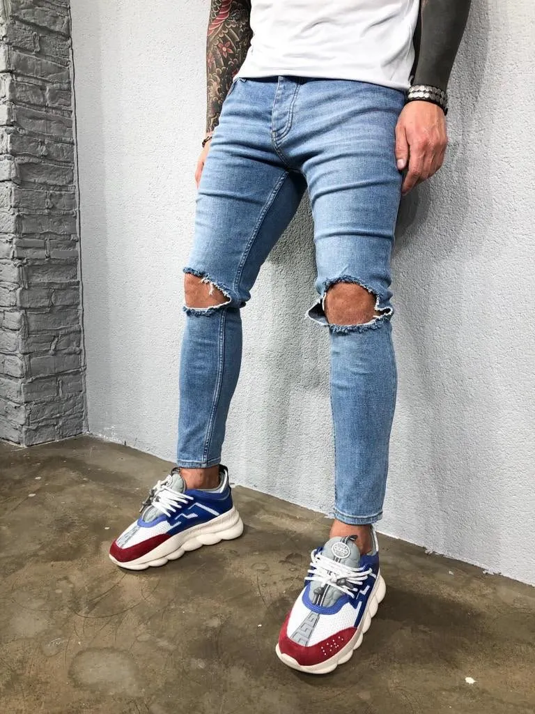 Blue Knee Ripped Jeans Slim Fit Jeans BL502 Streetwear Mens Jeans