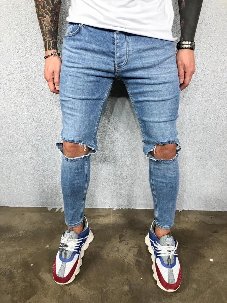 Blue Knee Ripped Jeans Slim Fit Jeans BL502 Streetwear Mens Jeans