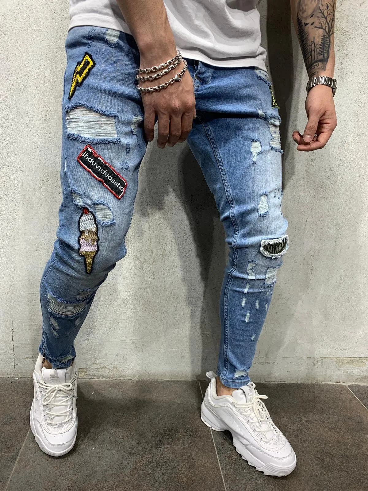 Blue Patched Jeans Slim Fit Mens Jeans AY450 Streetwear Mens Jeans