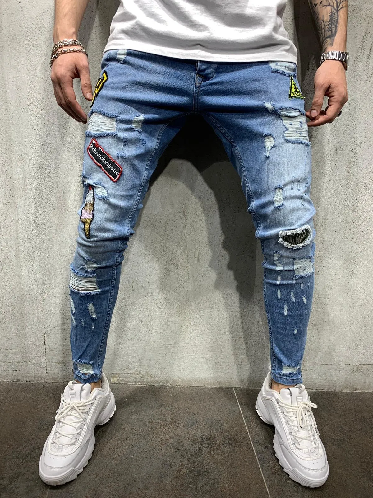 Blue Patched Jeans Slim Fit Mens Jeans AY450 Streetwear Mens Jeans