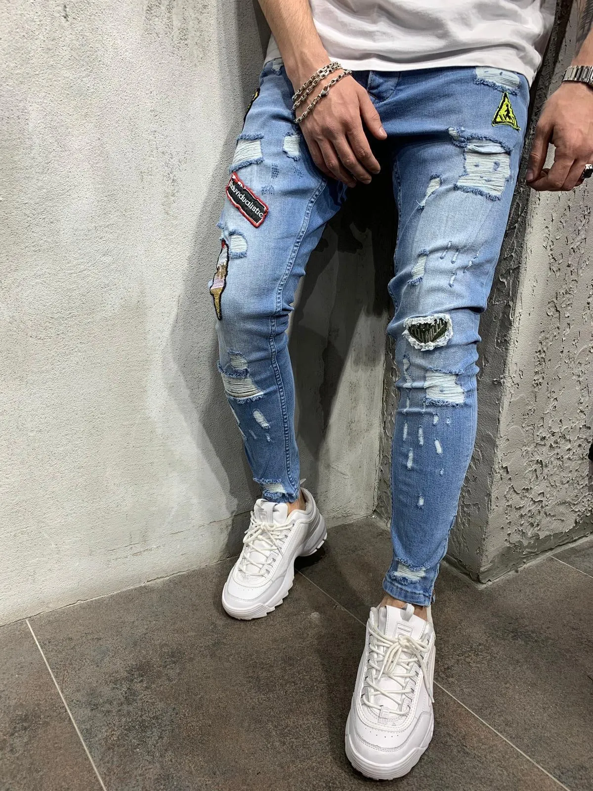 Blue Patched Jeans Slim Fit Mens Jeans AY450 Streetwear Mens Jeans