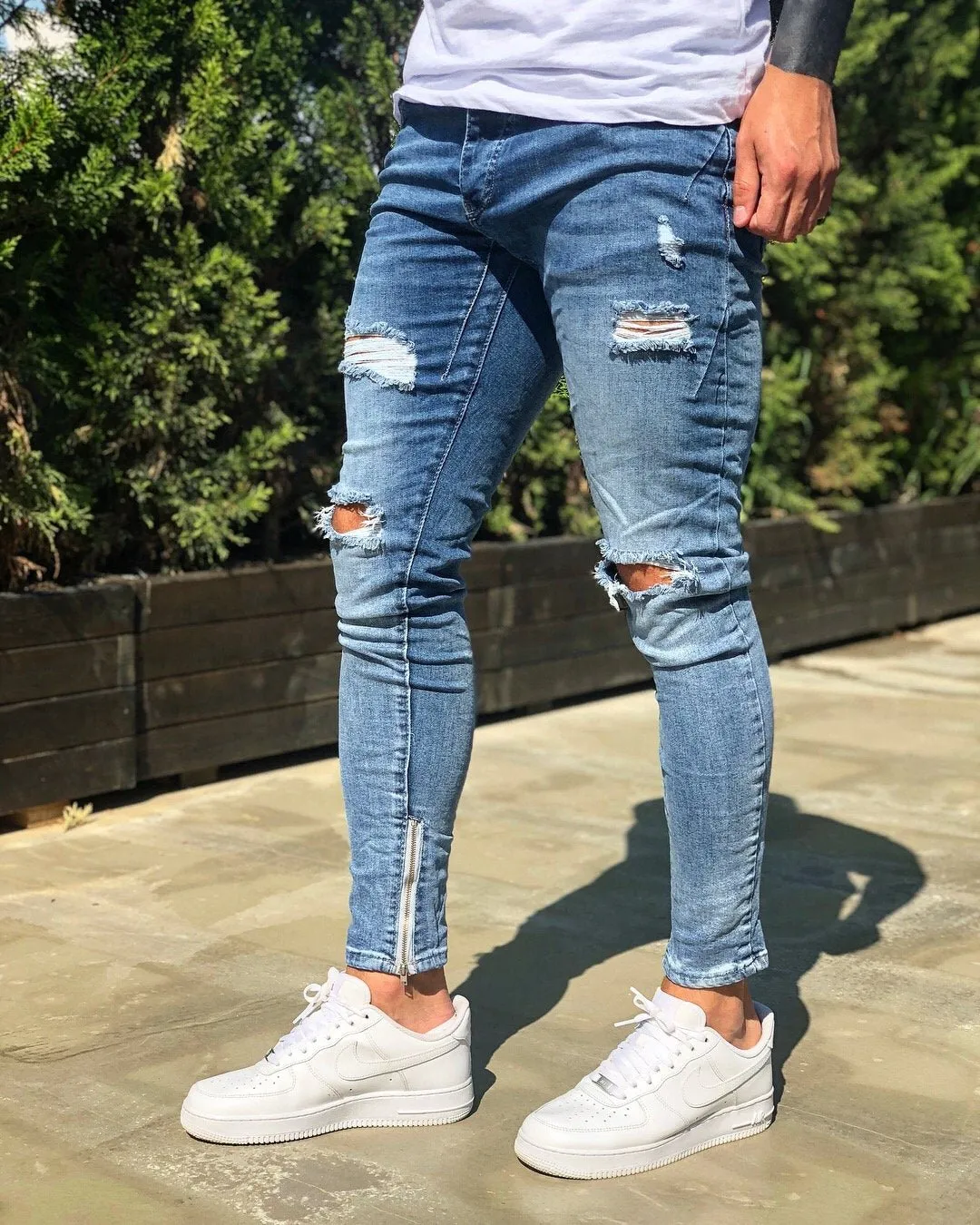 Blue Ripped Ankle Zip Skinny Fit Jeans B219 Streetwear Mens Jeans