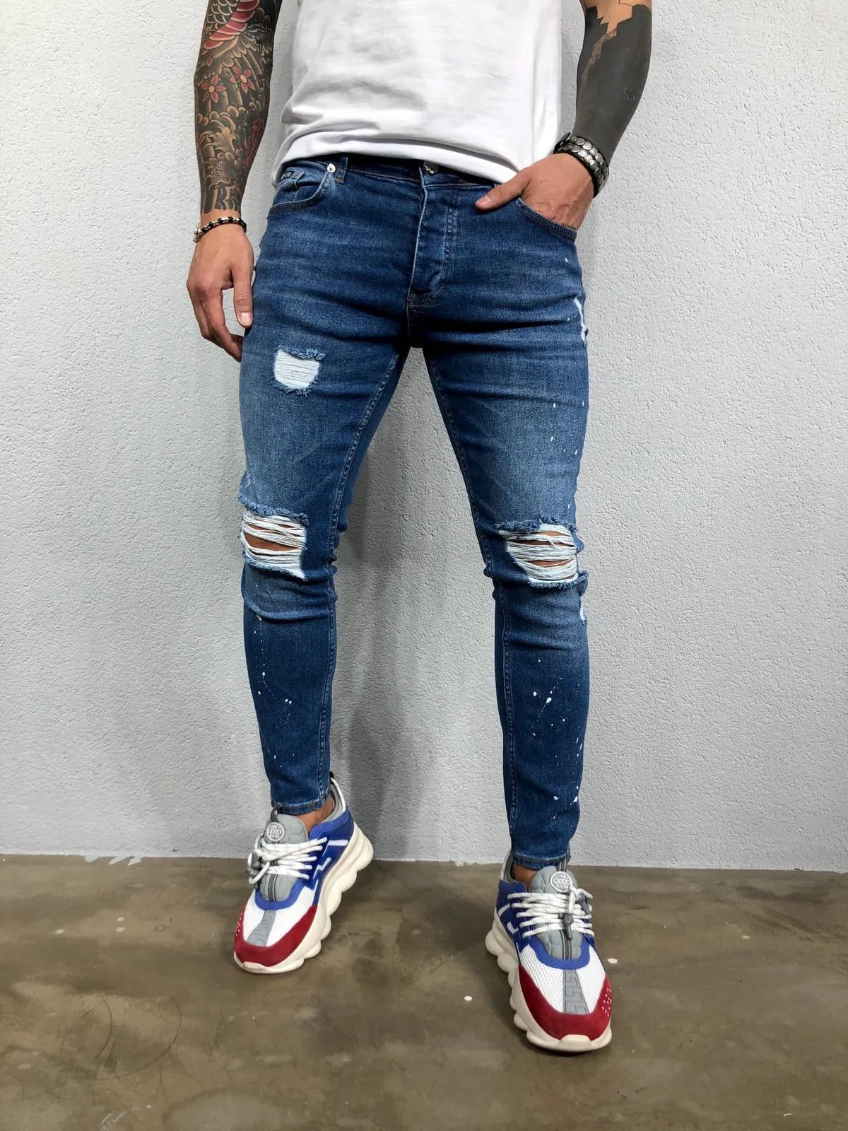 Blue Ripped Jeans Slim Fit Jeans BL478 Streetwear Mens Jeans