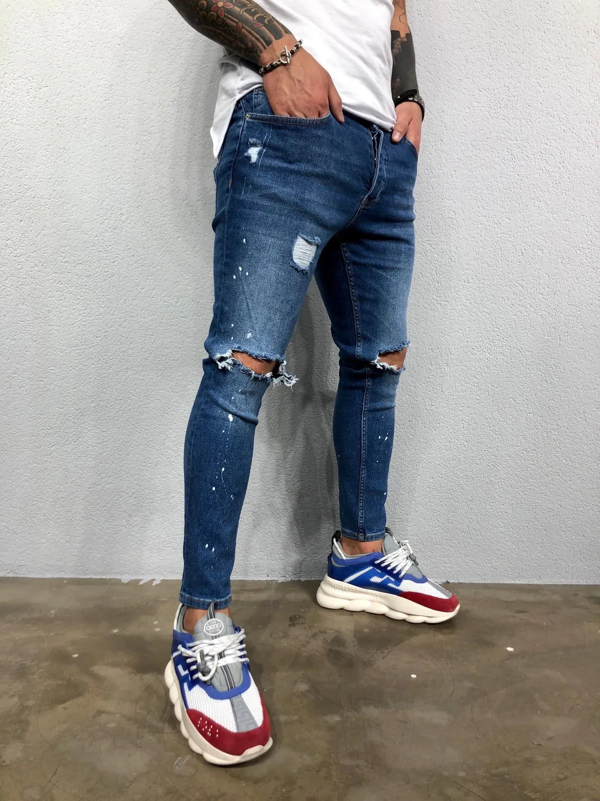 Blue Ripped Jeans Slim Fit Jeans BL478 Streetwear Mens Jeans