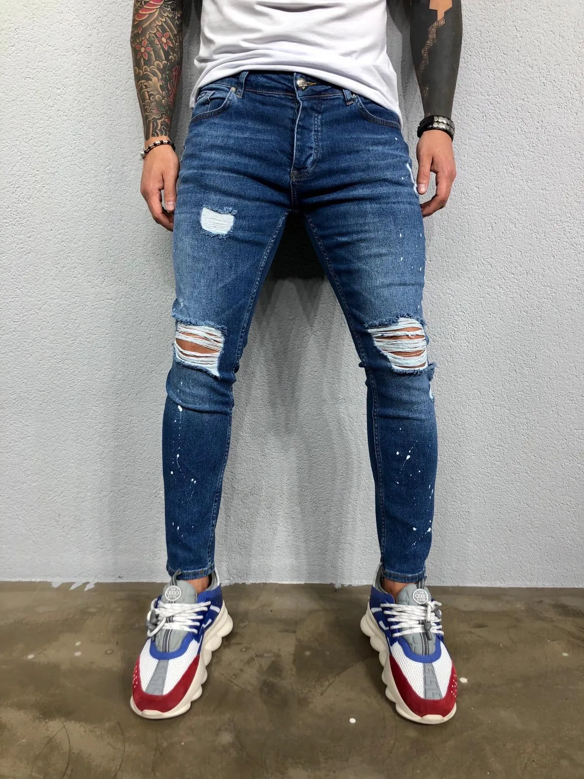 Blue Ripped Jeans Slim Fit Jeans BL478 Streetwear Mens Jeans