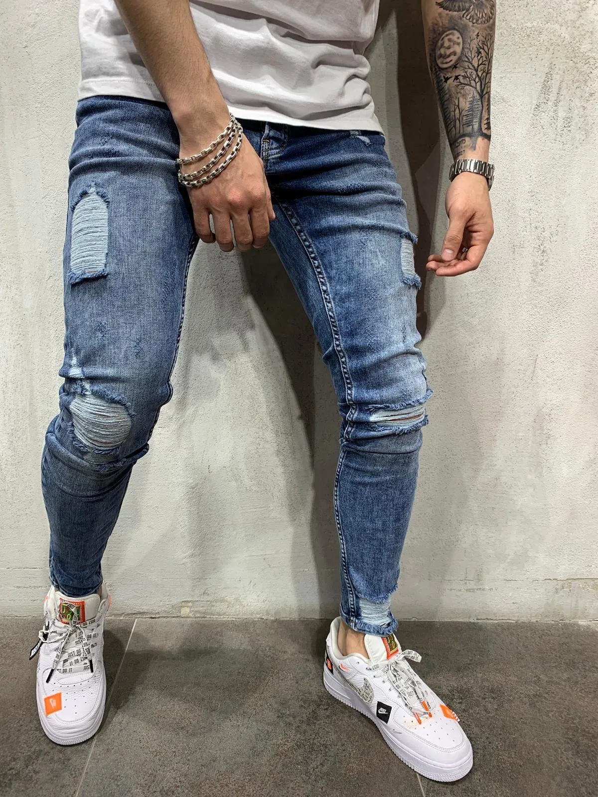 Blue Side Ripped Jeans Slim Fit Mens Jeans AY512 Streetwear Mens Jeans