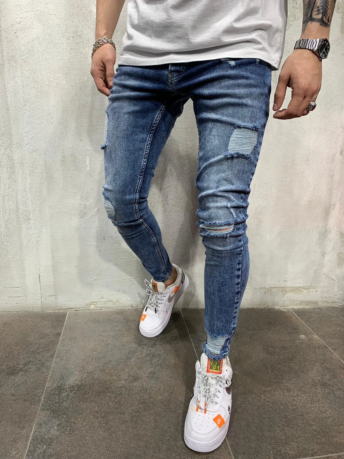 Blue Side Ripped Jeans Slim Fit Mens Jeans AY512 Streetwear Mens Jeans