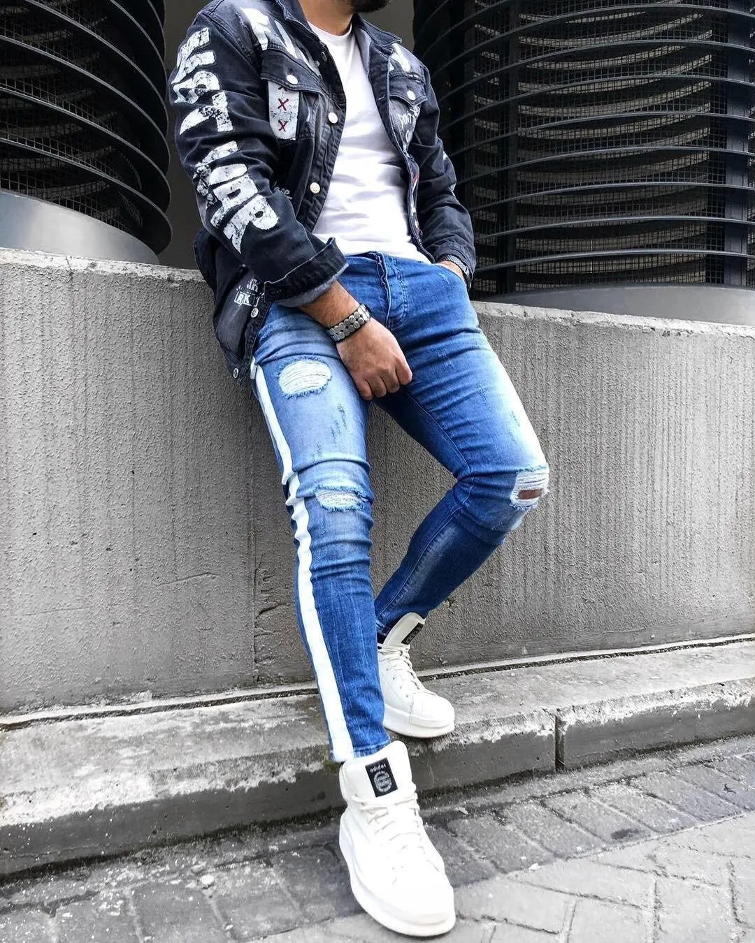 Blue Side Striped Distressed Ultra Skinny Fit Denim B337 Streetwear Jeans