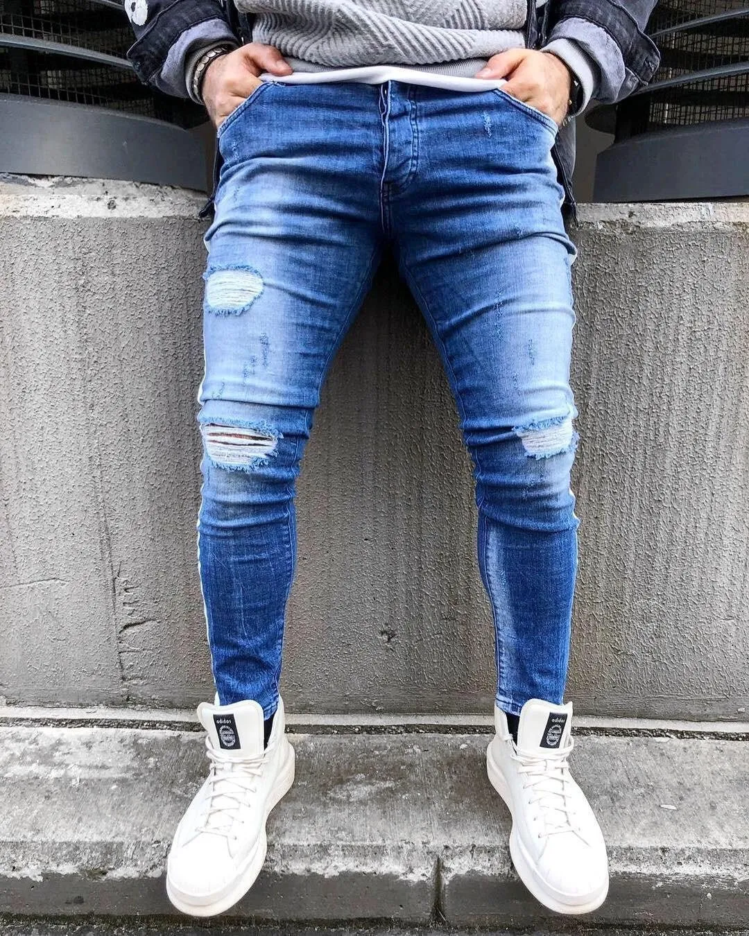 Blue Side Striped Distressed Ultra Skinny Fit Denim B337 Streetwear Jeans