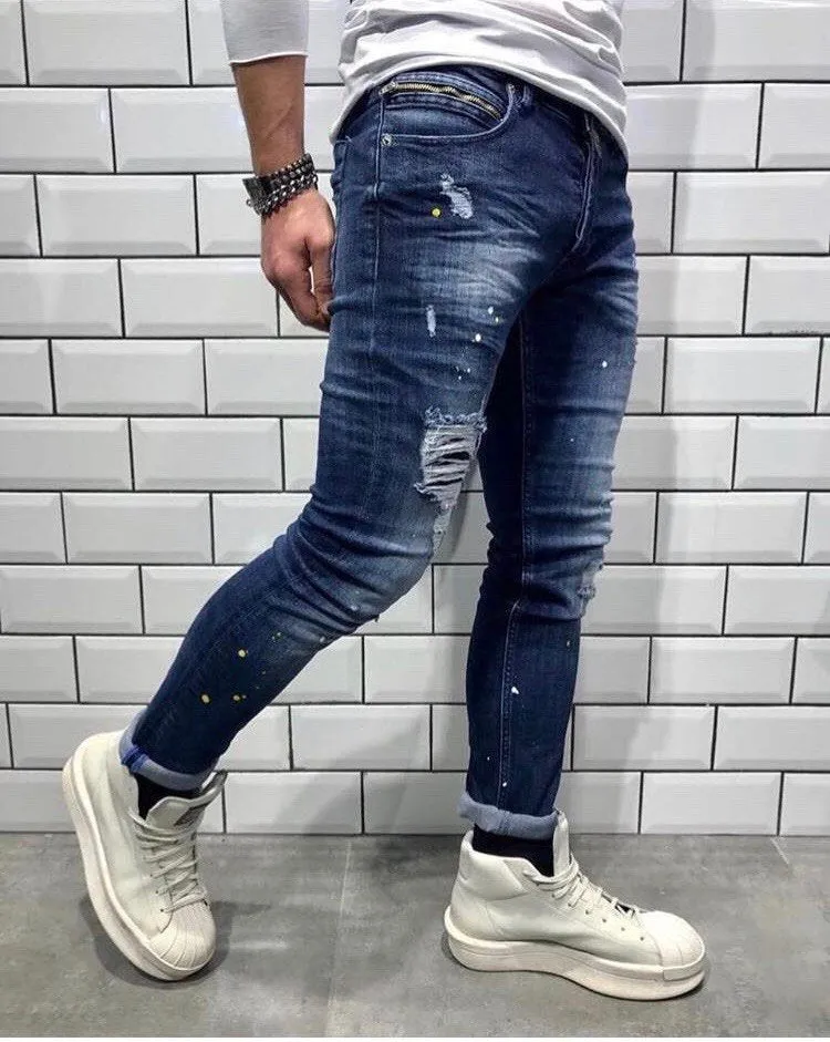 Blue Washed Distressed Ultra Skinny Denim B325 Streetwear Jeans