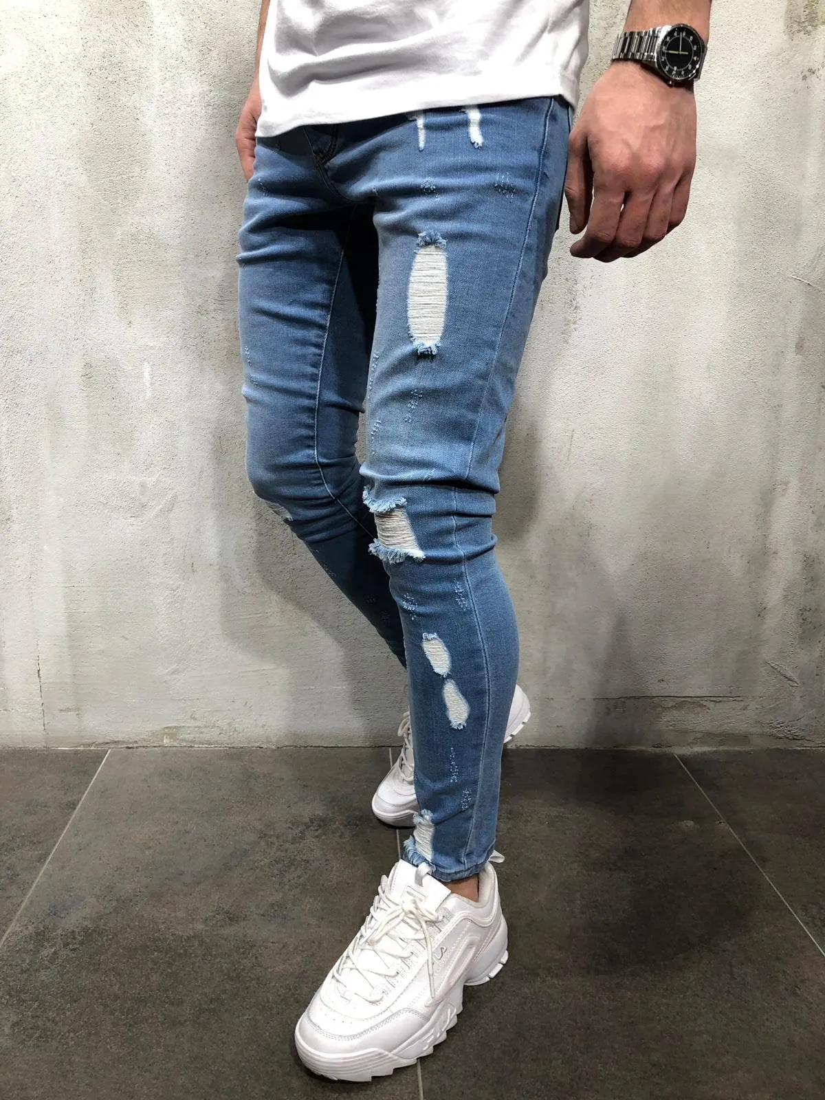 Blue Washed Distressed Ultra Skinny Fit Denim AY305 Streetwear Jeans