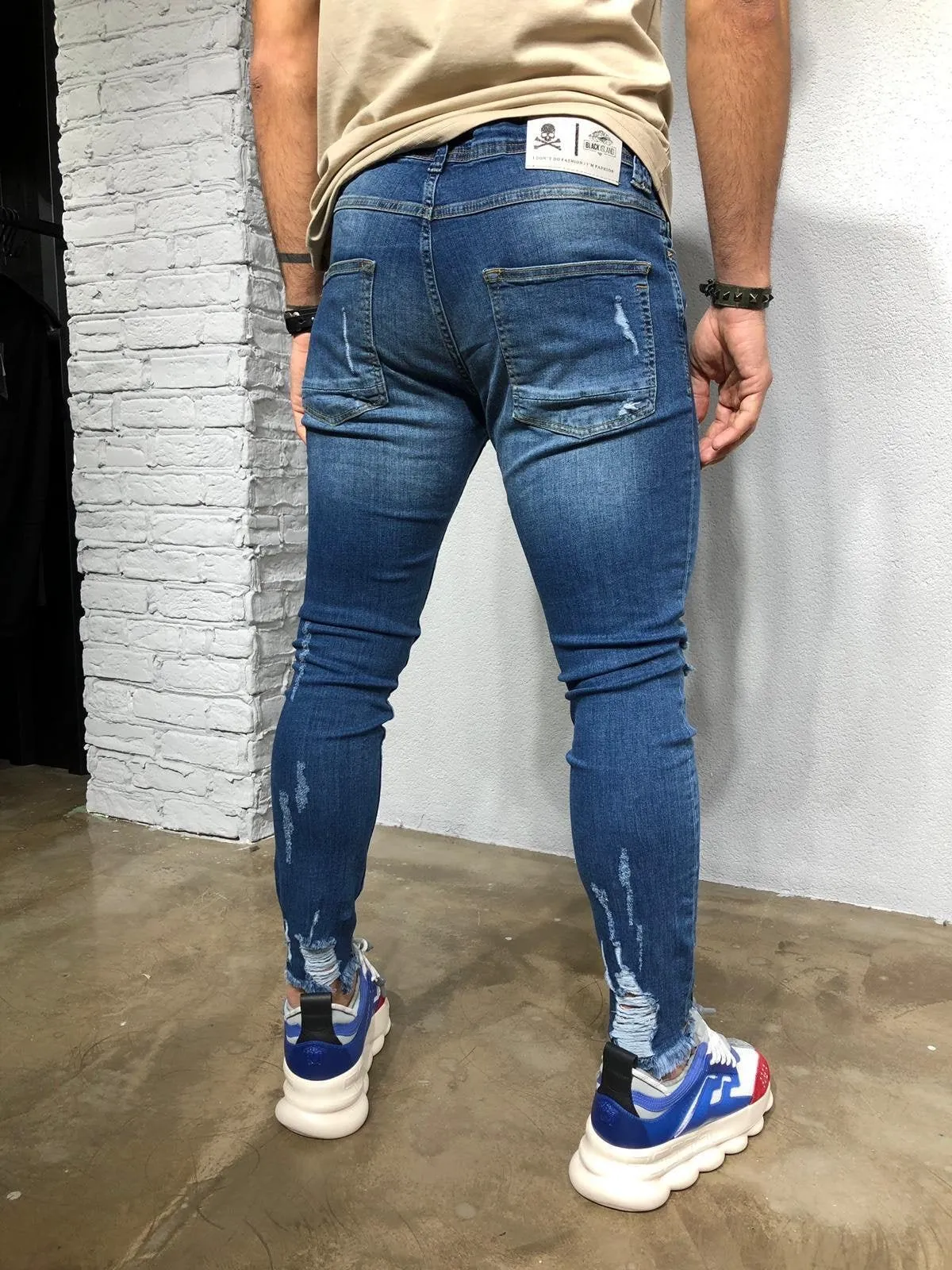 Blue Washed Ripped Denim BL257 Streetwear Jeans