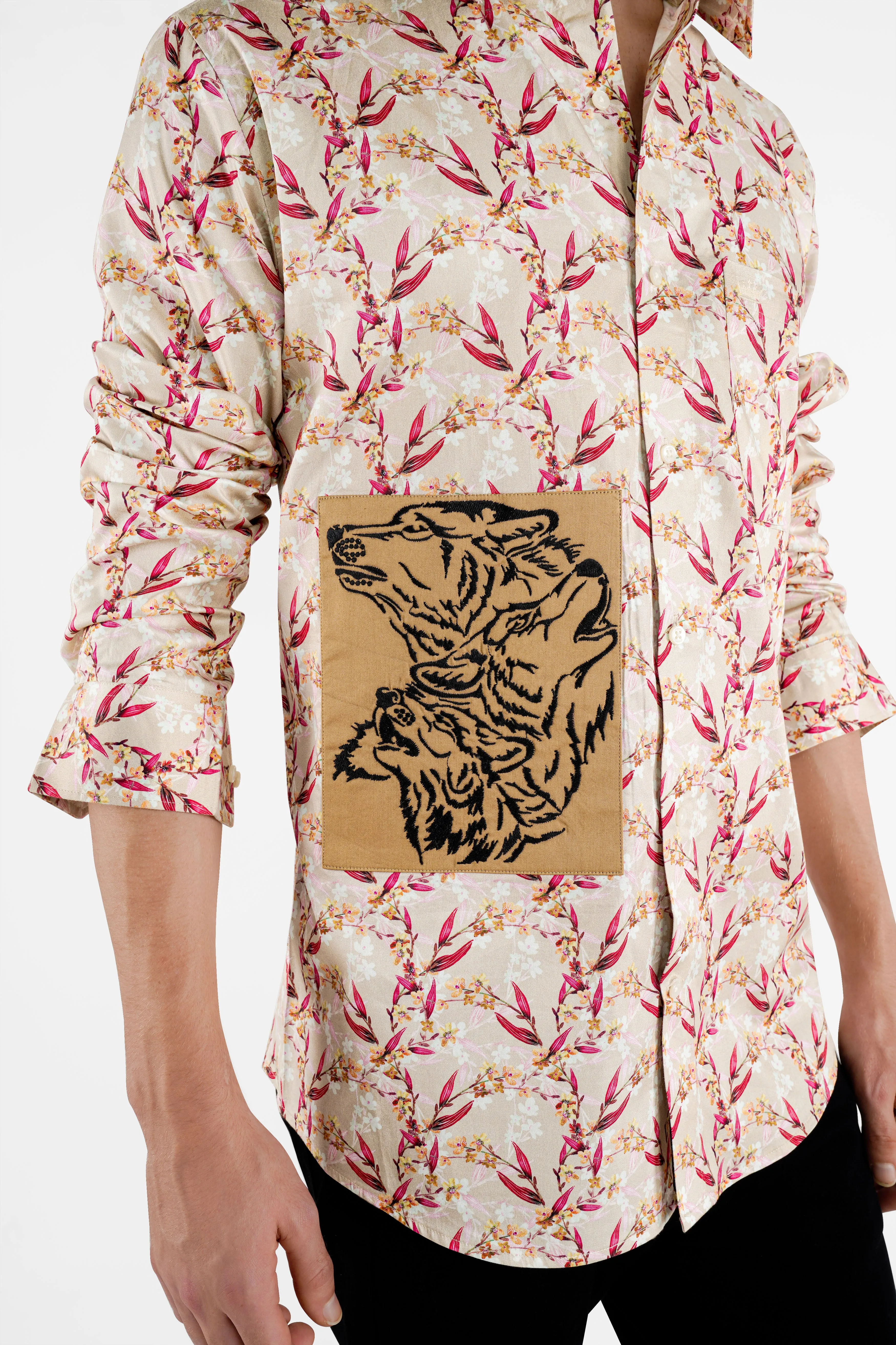 Bone Beige Leaves Printed with Dogs Patch Work Super Soft Premium Cotton Designer Shirt