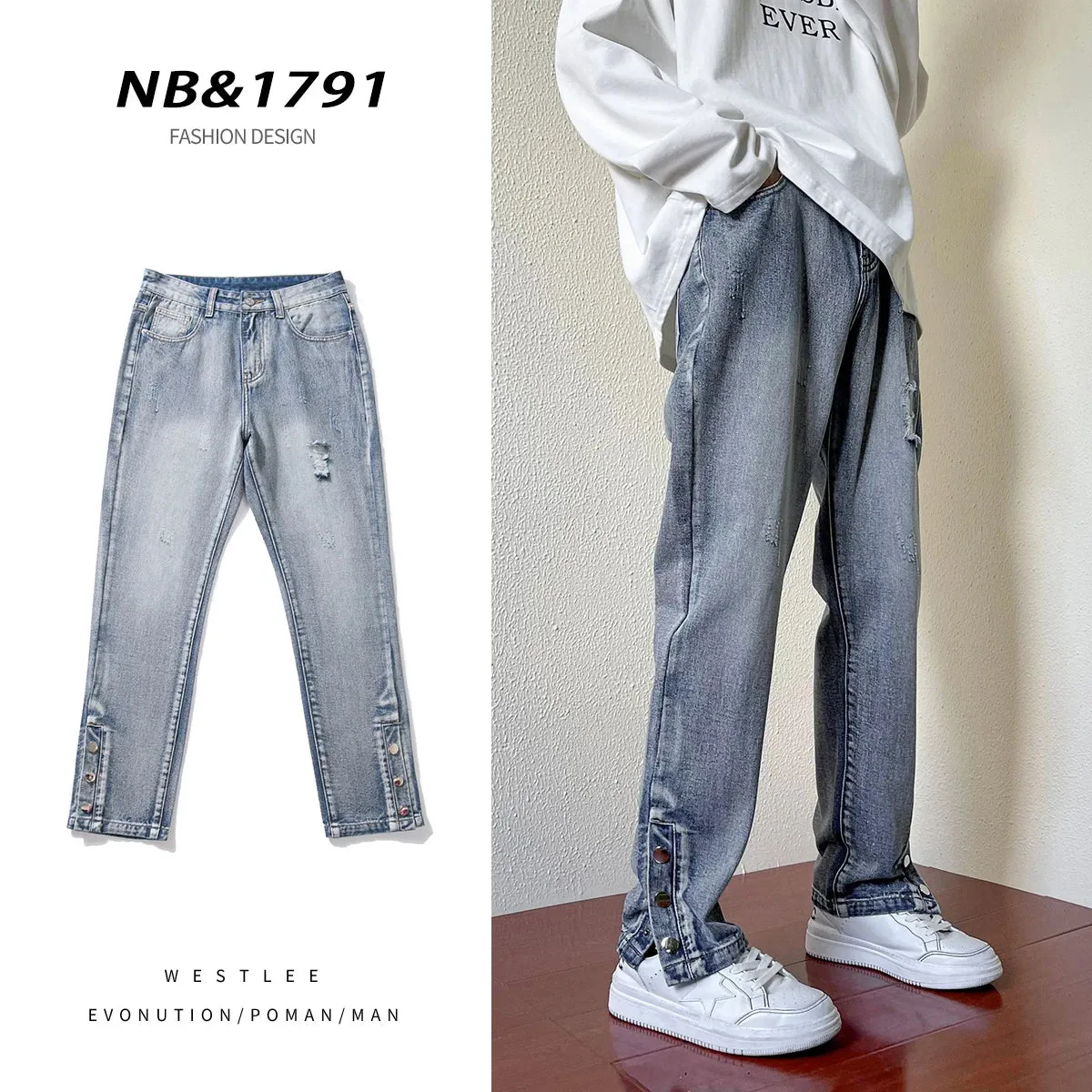 Bonsir American Street Pants Spring and Autumn Slim Fit Black Jeans Men's Side-breasted Slit Ripped Pants Men Clothing