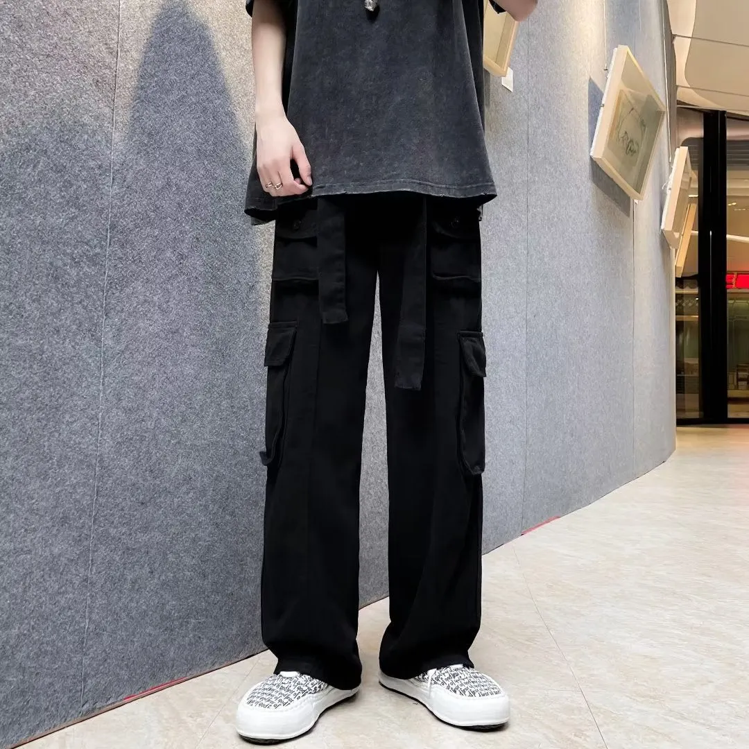 Bonsir boy outfits American Ins High Street Multi-Pocket Overalls Men's Loose Straight Casual Pants Autumn Drape Wide Leg Pants