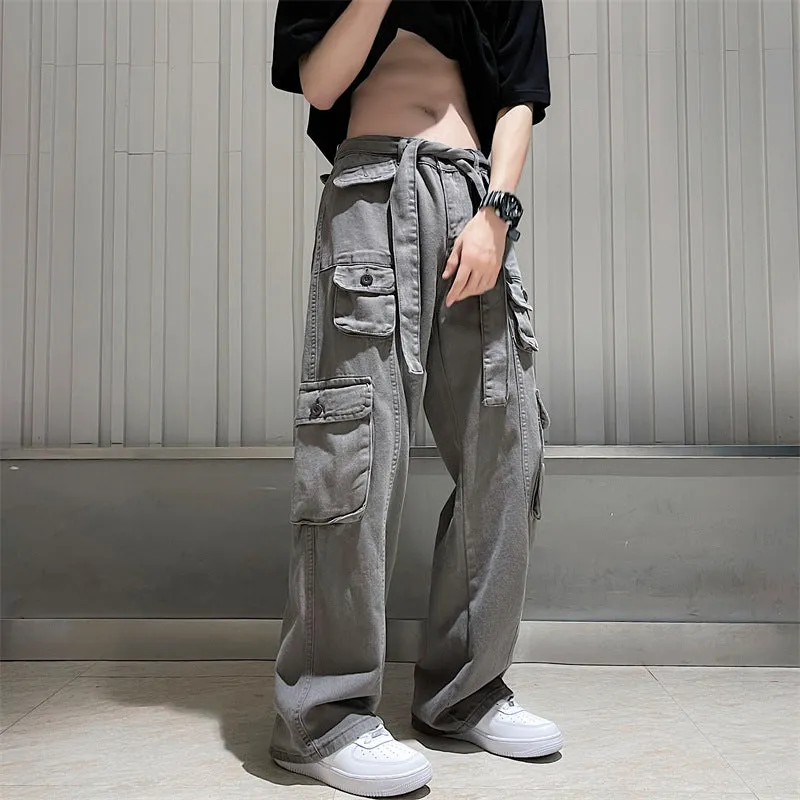 Bonsir boy outfits American Ins High Street Multi-Pocket Overalls Men's Loose Straight Casual Pants Autumn Drape Wide Leg Pants