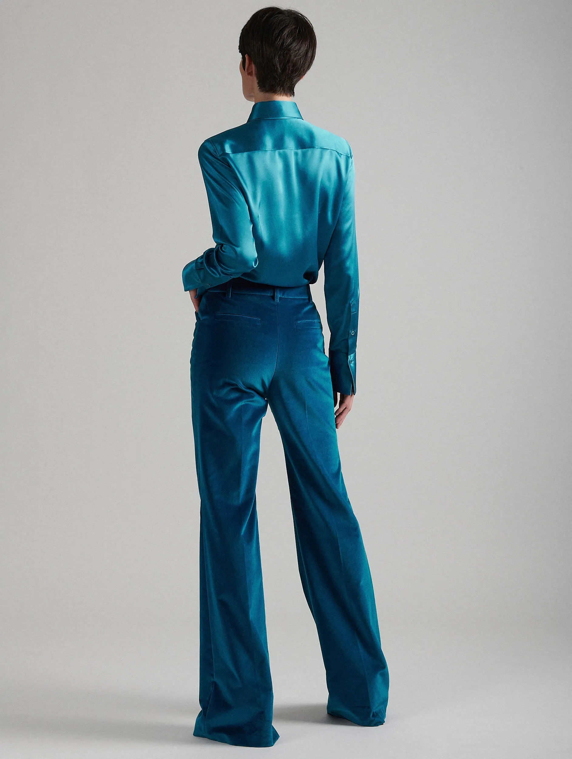 Bootleg suit trousers in blue velvet