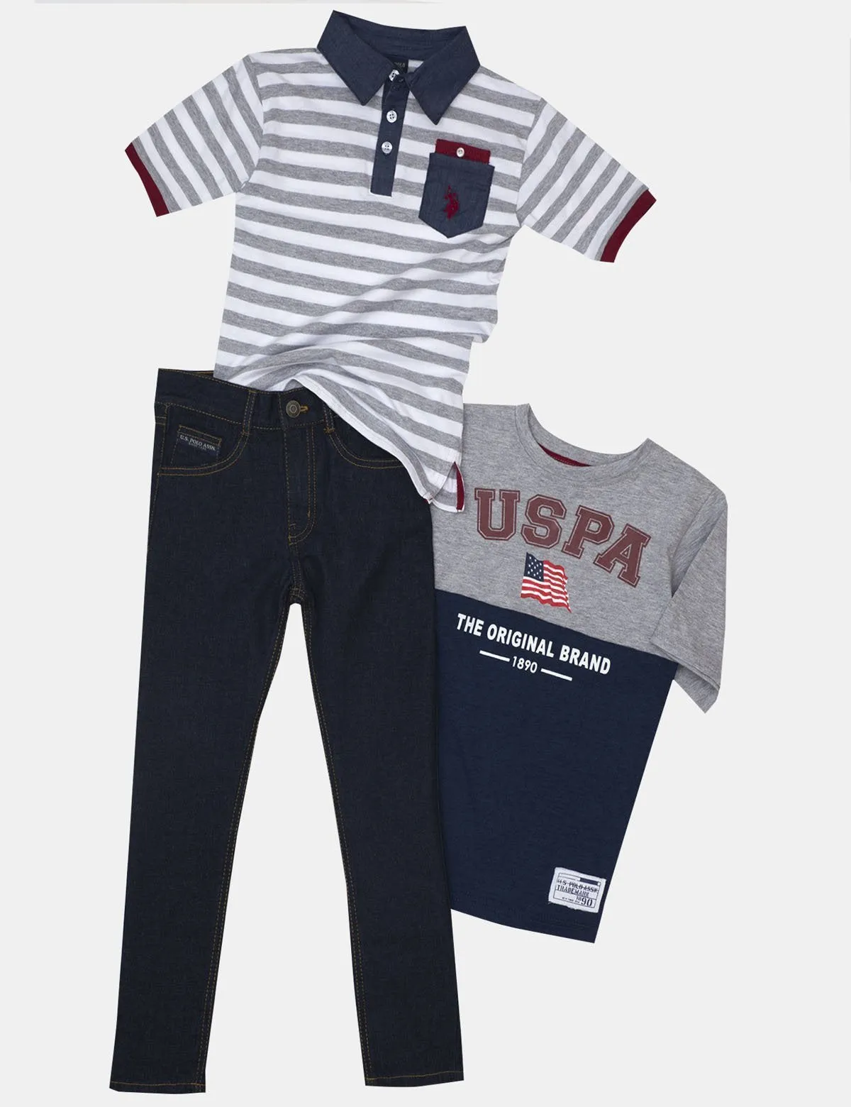 BOYS 3 PIECE POLO SHIRT, TEE & DENIM PANT SET