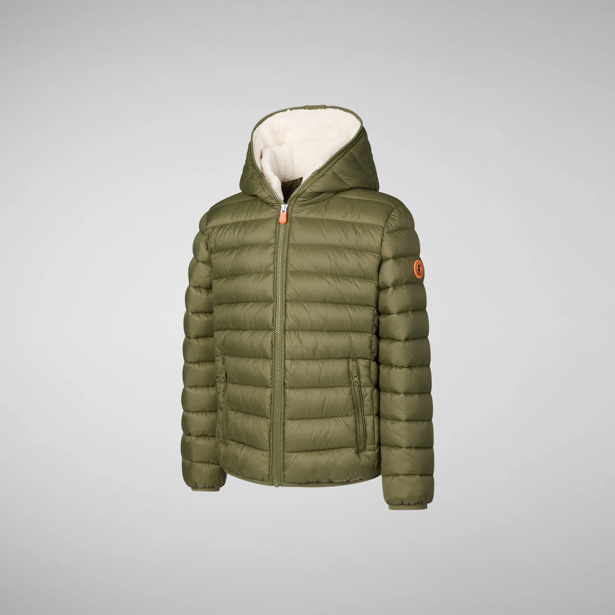 Boys' animal free puffer jacket with teddy linin Finnegan in dusty olive