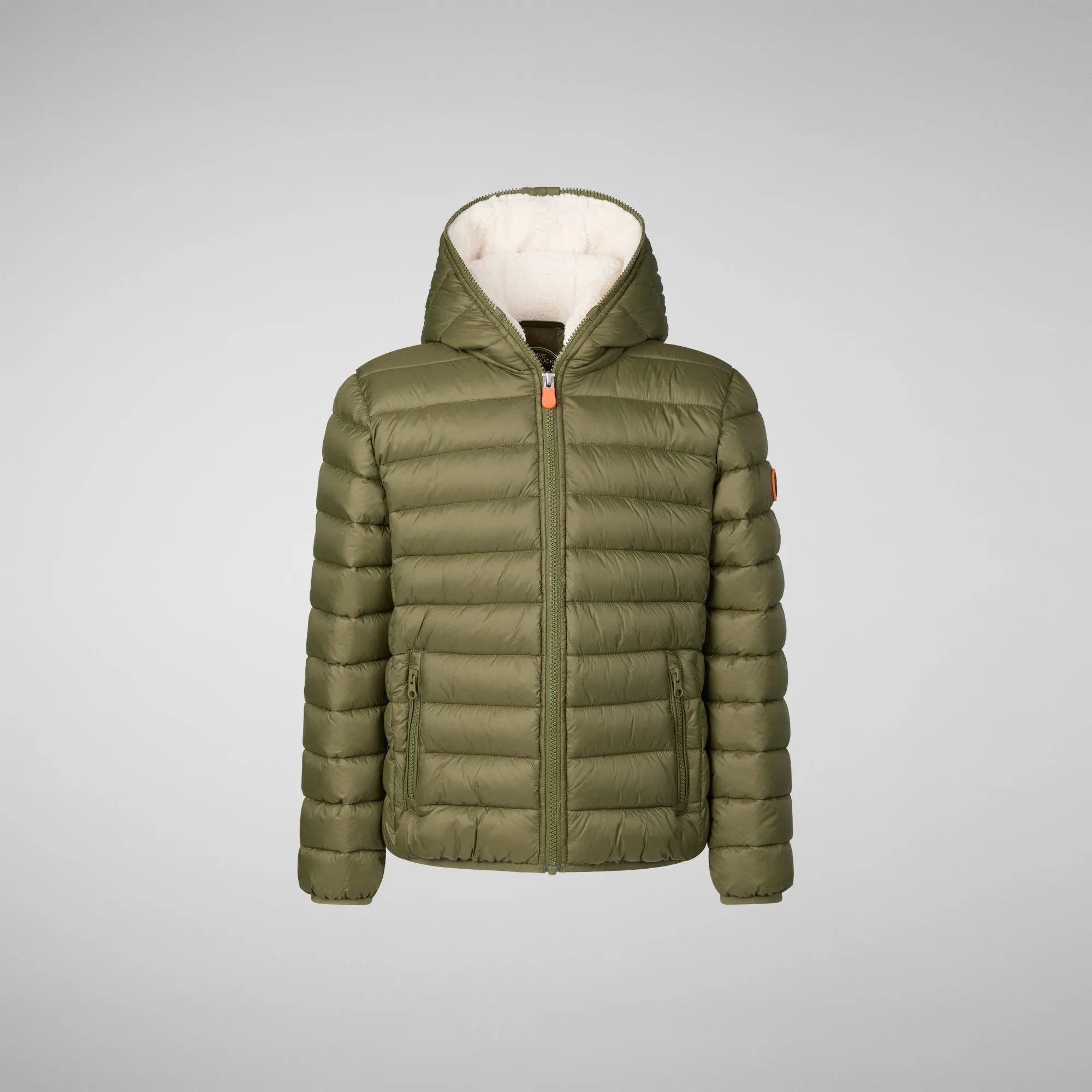 Boys' animal free puffer jacket with teddy linin Finnegan in dusty olive