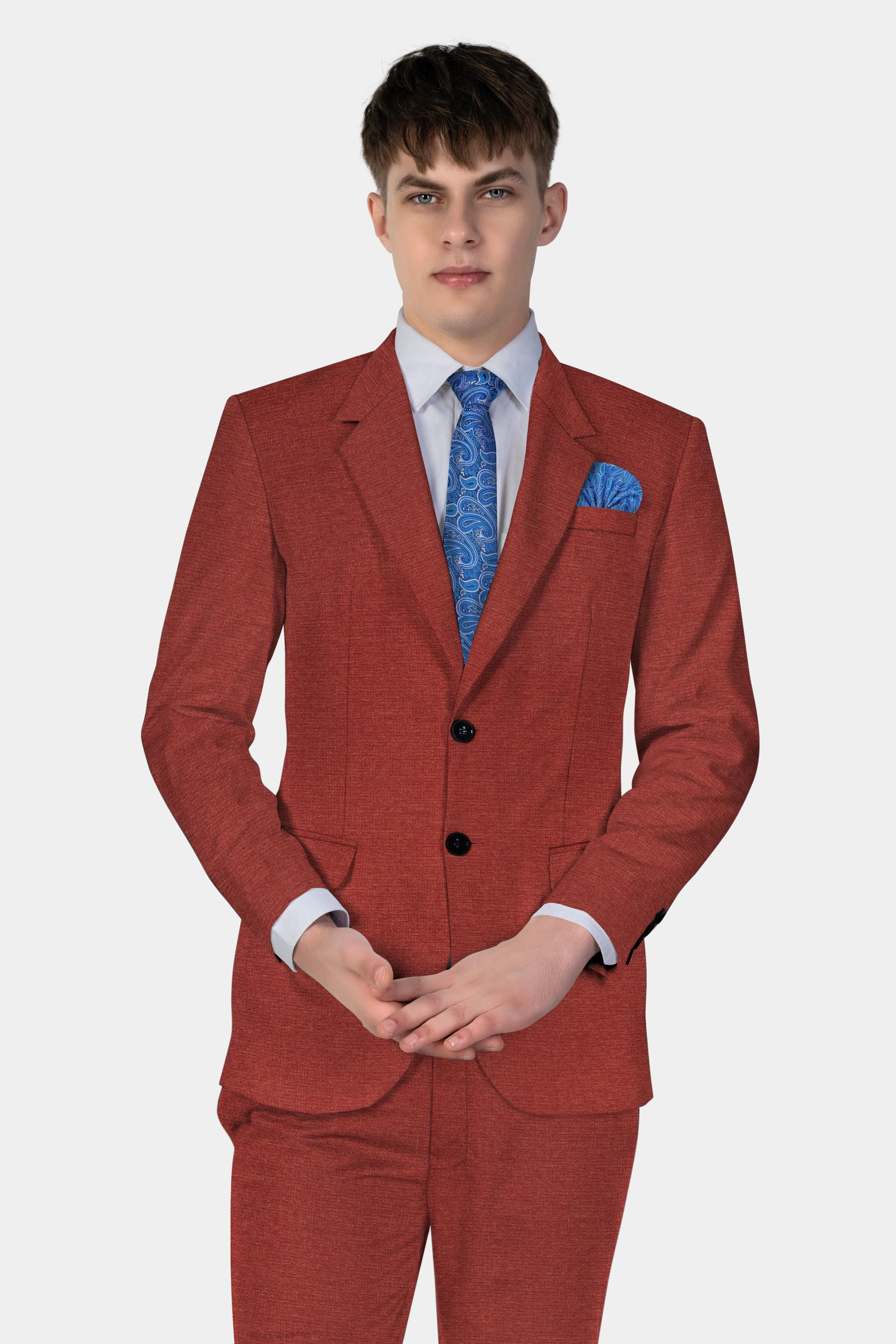 Brick Red Textured Single Breasted Blazer