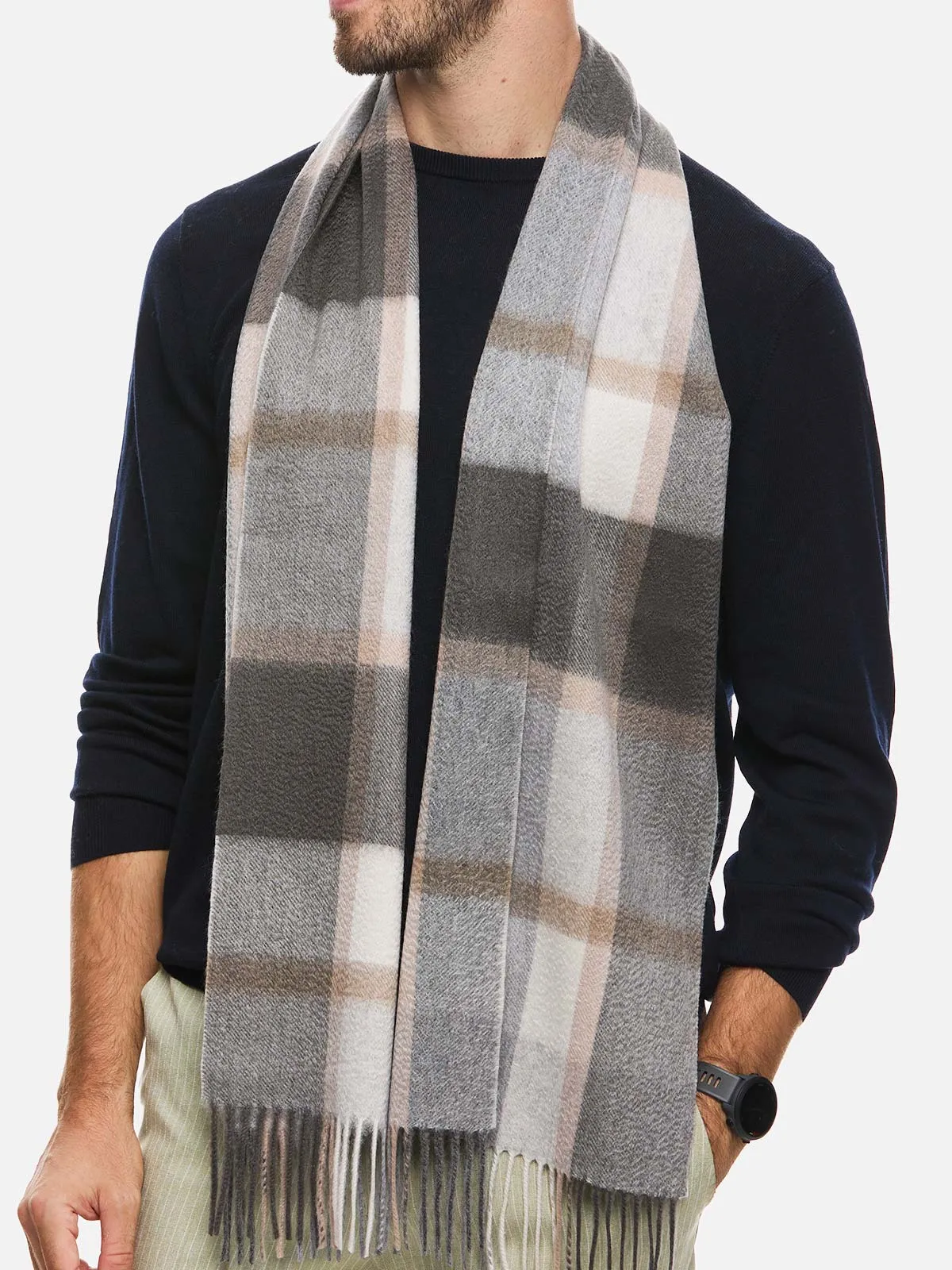 Brown Gray Plaid Mens Cashmere Scarf