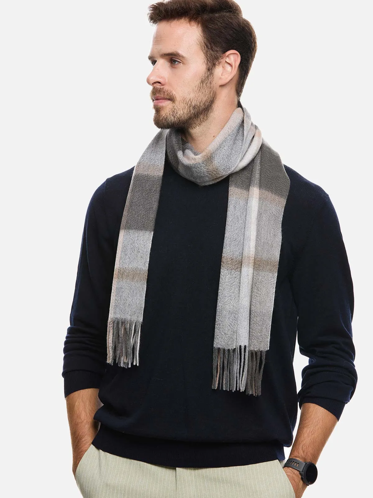 Brown Gray Plaid Mens Cashmere Scarf