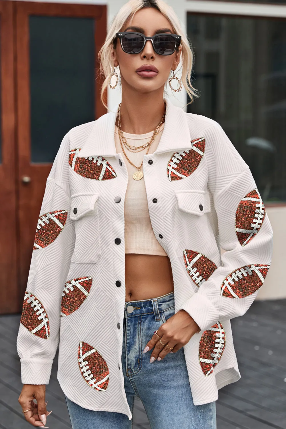 bubble gum texture beige western shacwomen sequined soccer jacket for women