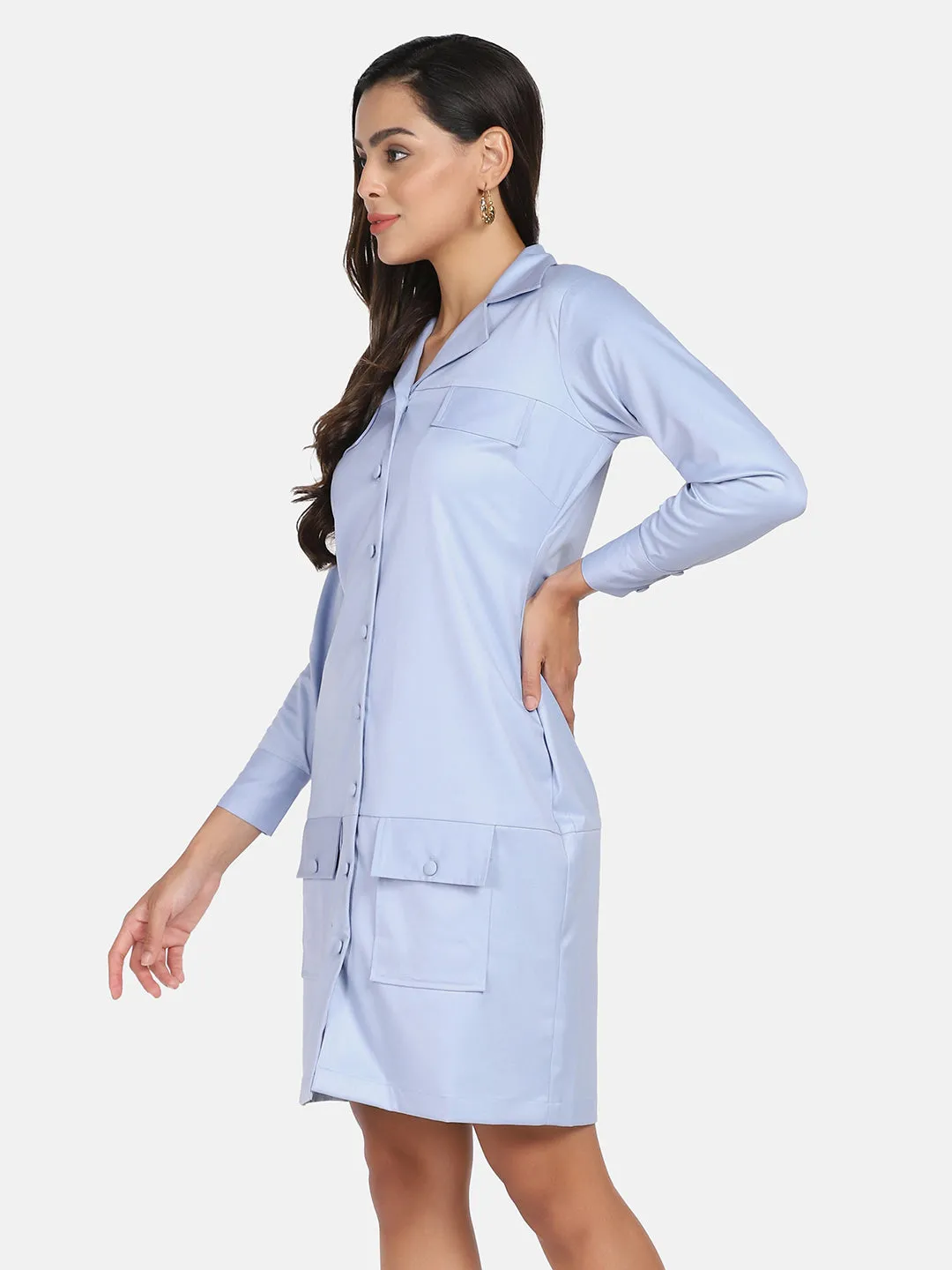 Business Formal Stretch Button Down Dress - Light Blue