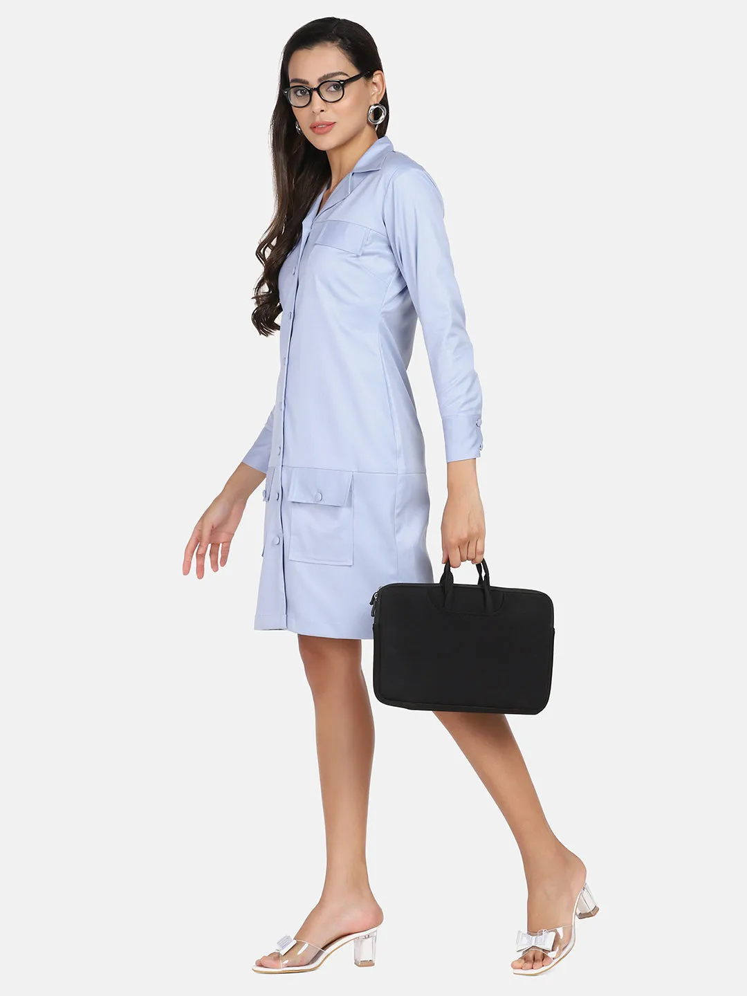 Business Formal Stretch Button Down Dress - Light Blue