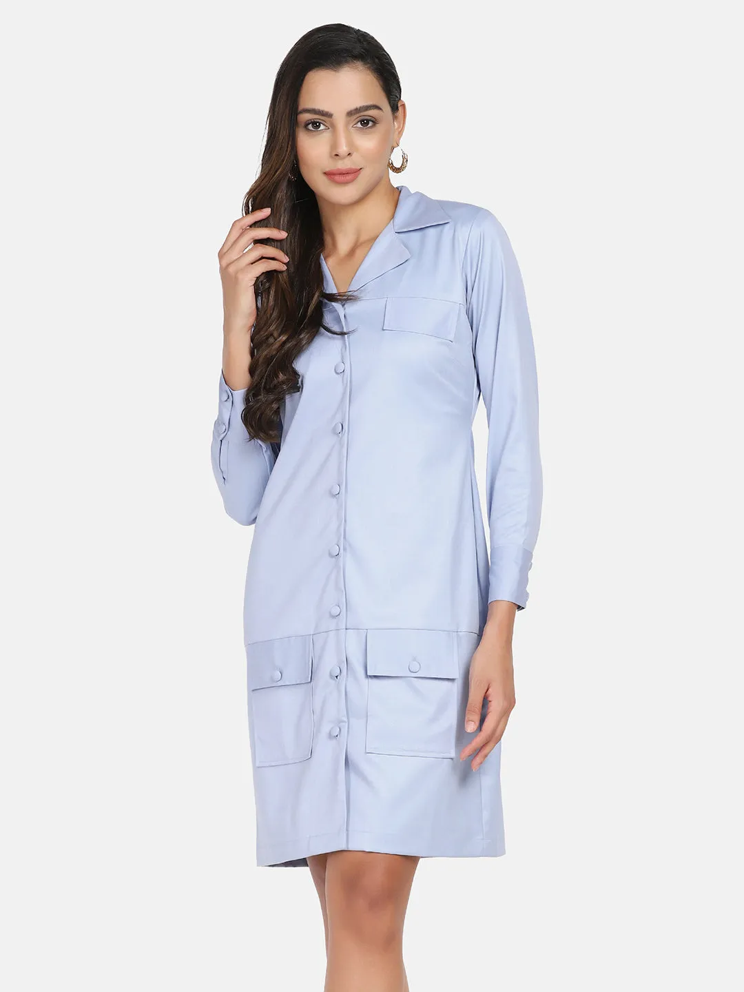 Business Formal Stretch Button Down Dress - Light Blue