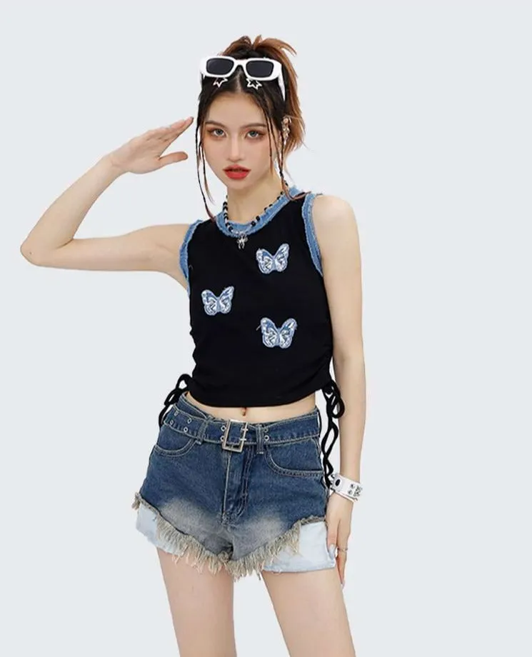 Butterfly Patchwork Ruched Crop Top