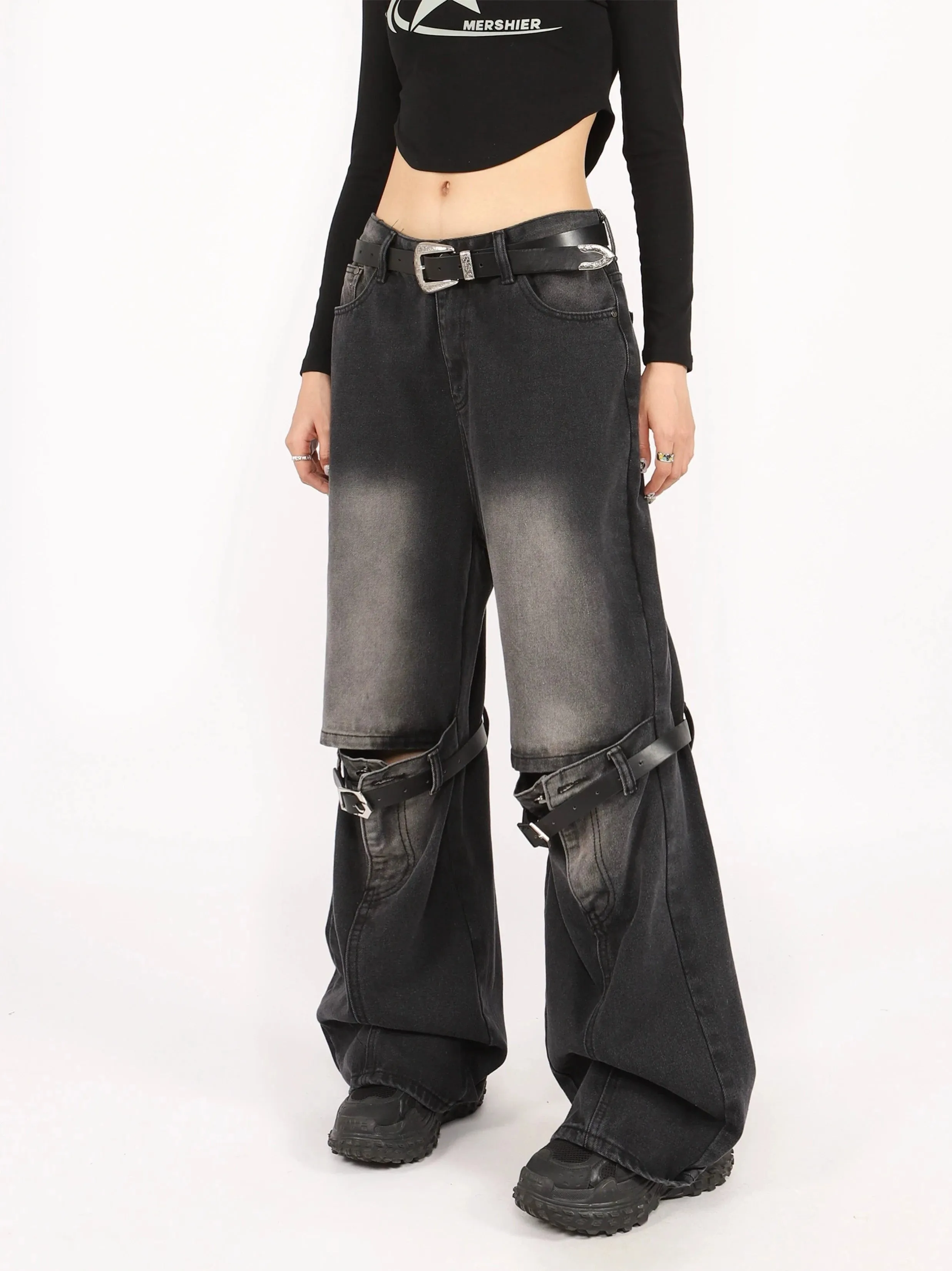 Button Belted Knee-Cutout Straight Faded Jeans