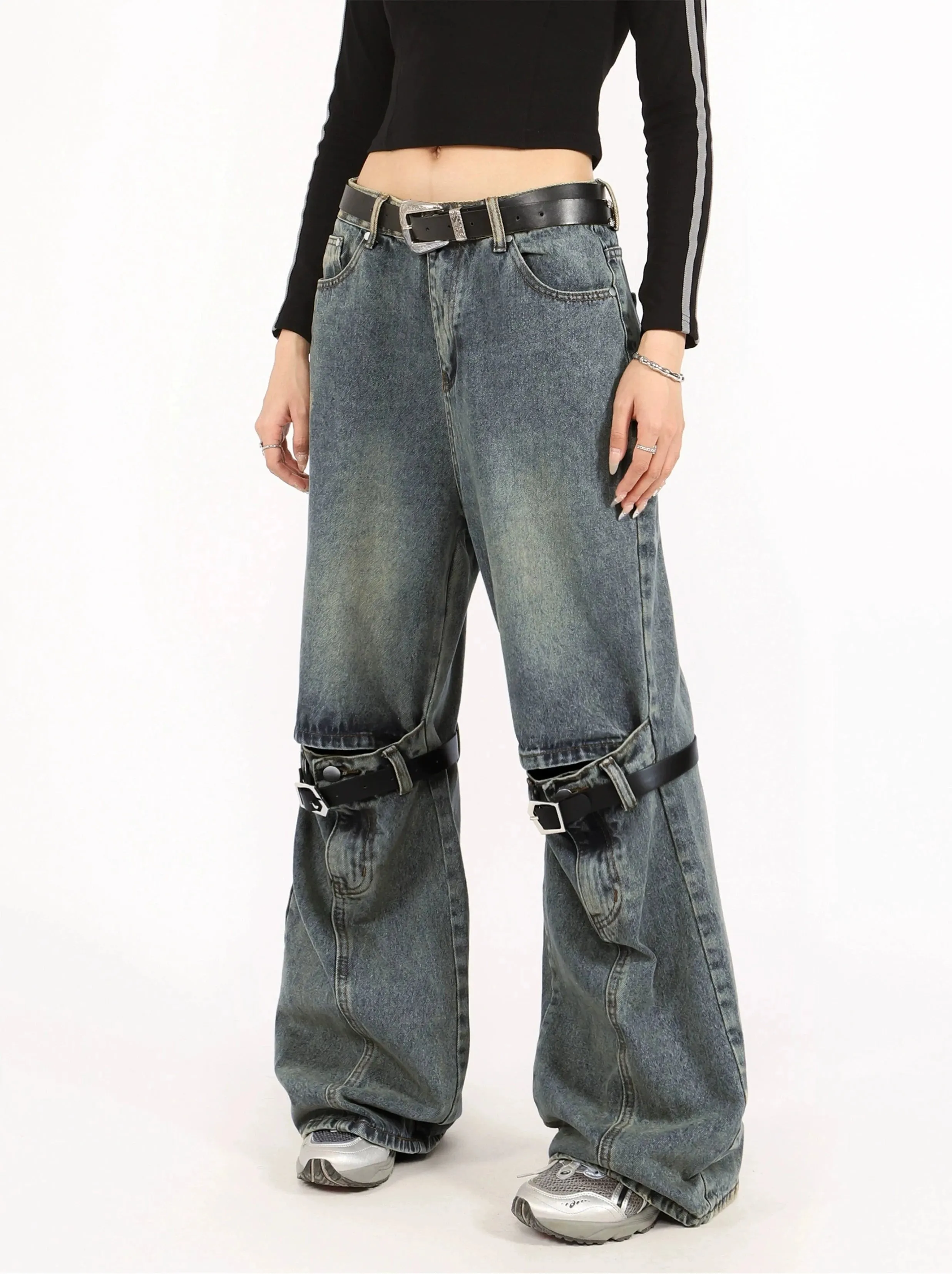 Button Belted Knee-Cutout Straight Faded Jeans