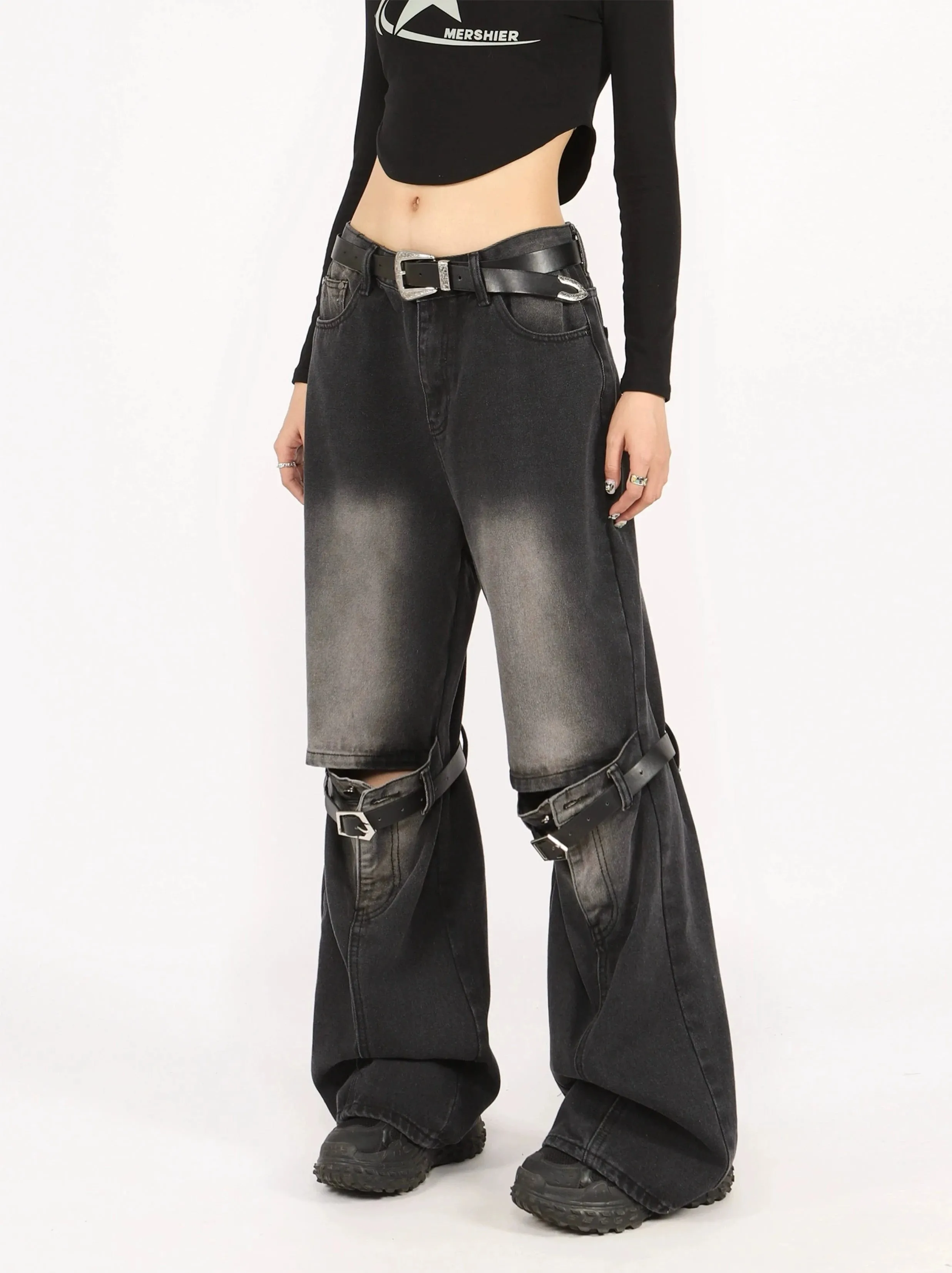 Button Belted Knee-Cutout Straight Faded Jeans