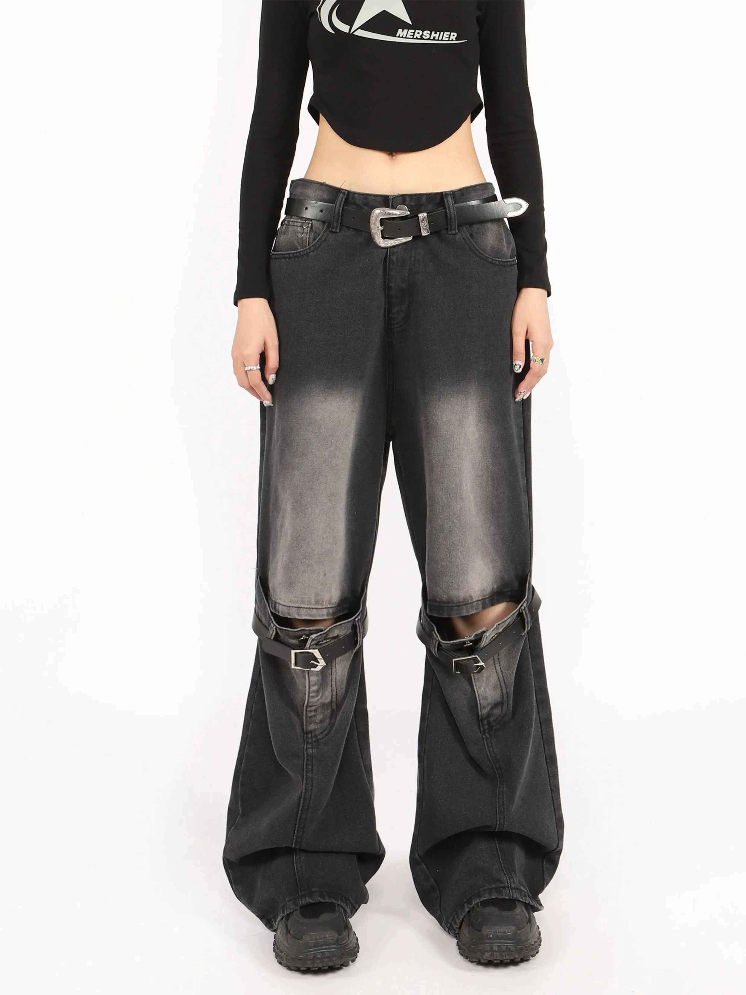 Button Belted Knee-Cutout Straight Faded Jeans