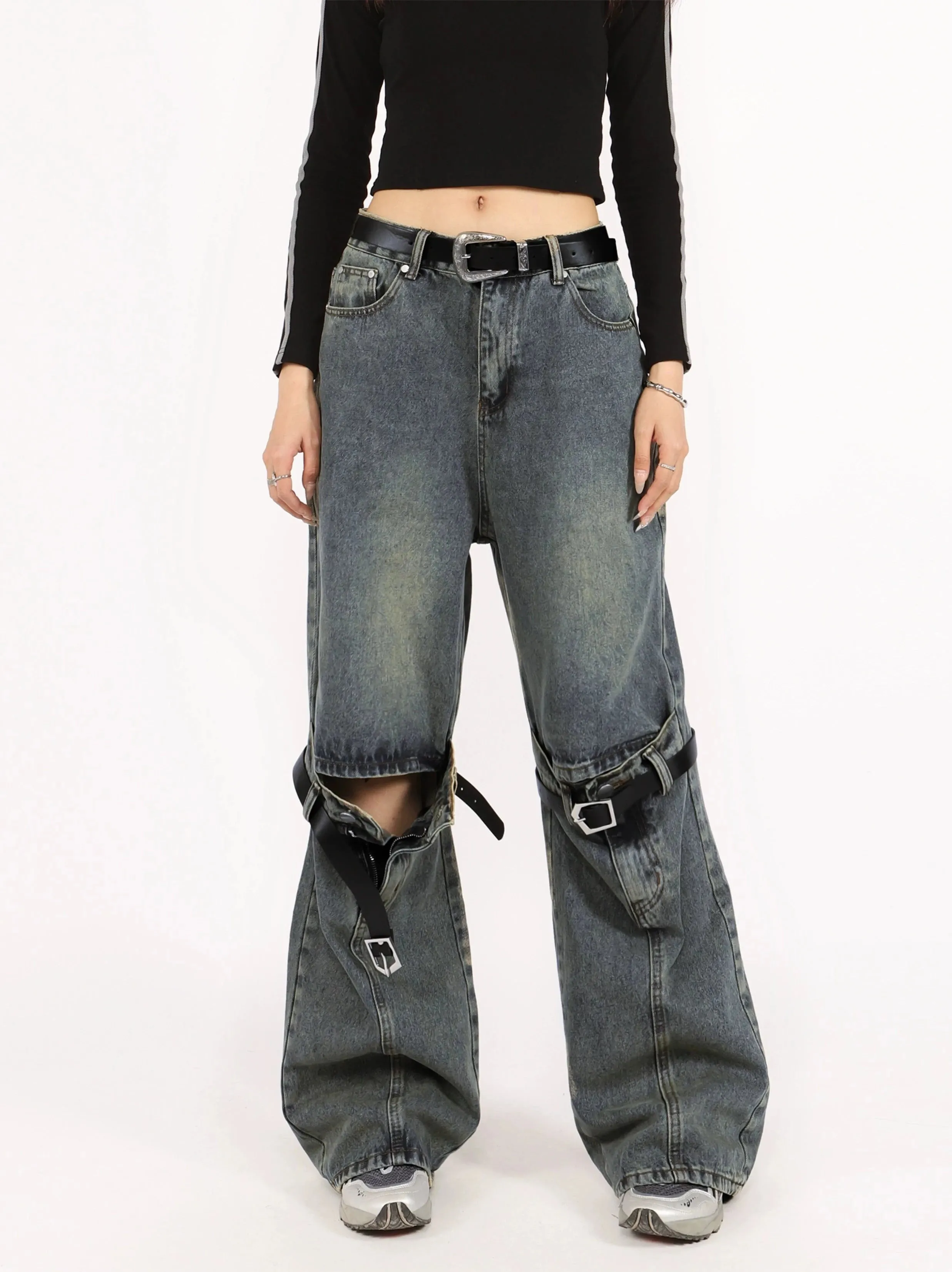 Button Belted Knee-Cutout Straight Faded Jeans