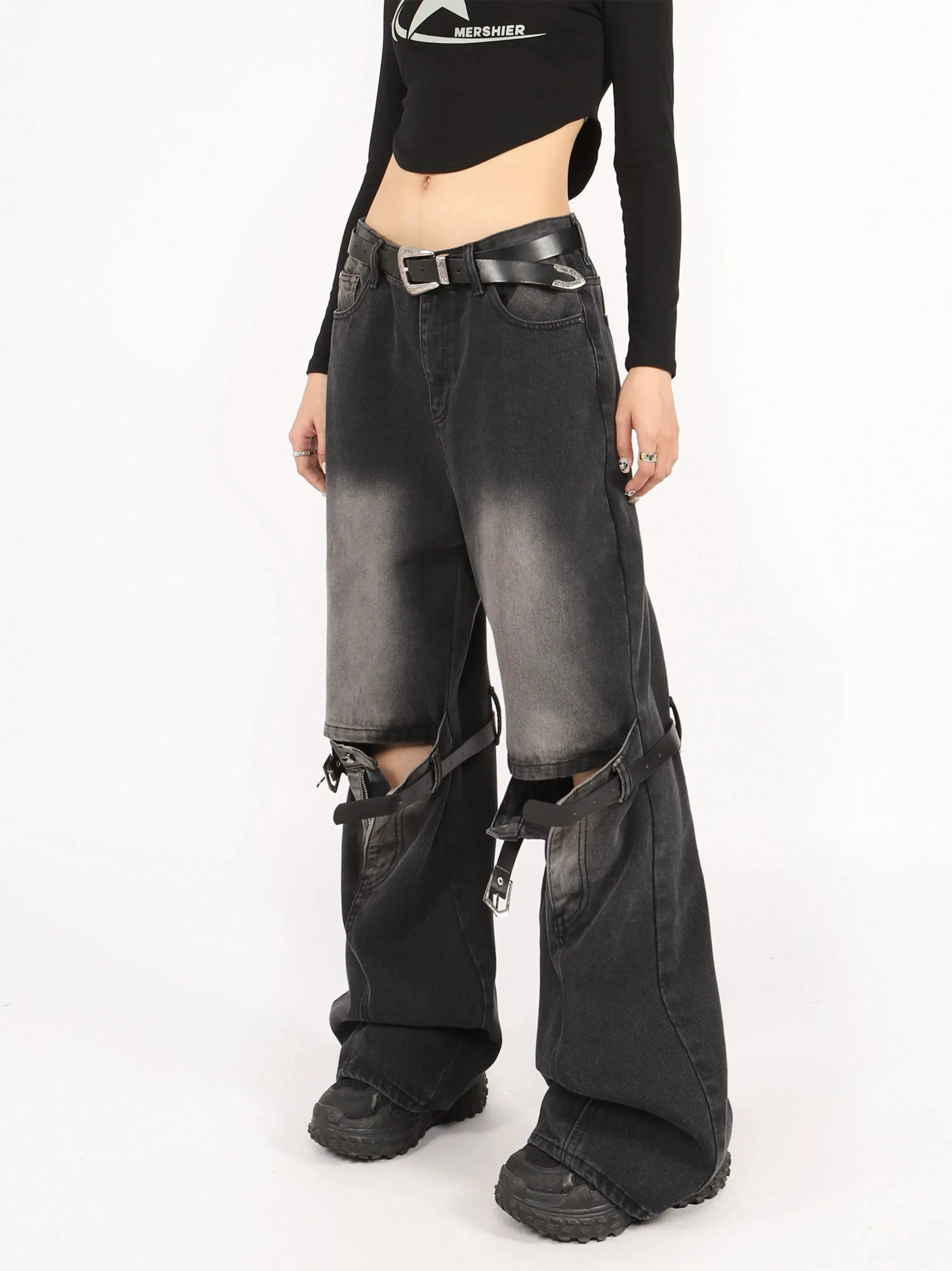 Button Belted Knee-Cutout Straight Faded Jeans