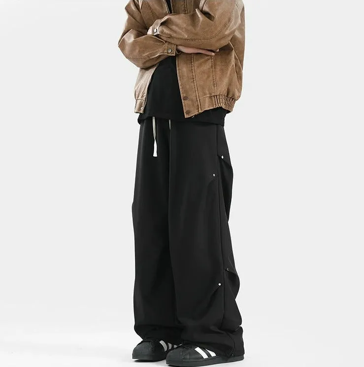 Buttoned Wide-Leg Drawstring Waist Pants