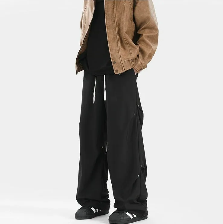 Buttoned Wide-Leg Drawstring Waist Pants