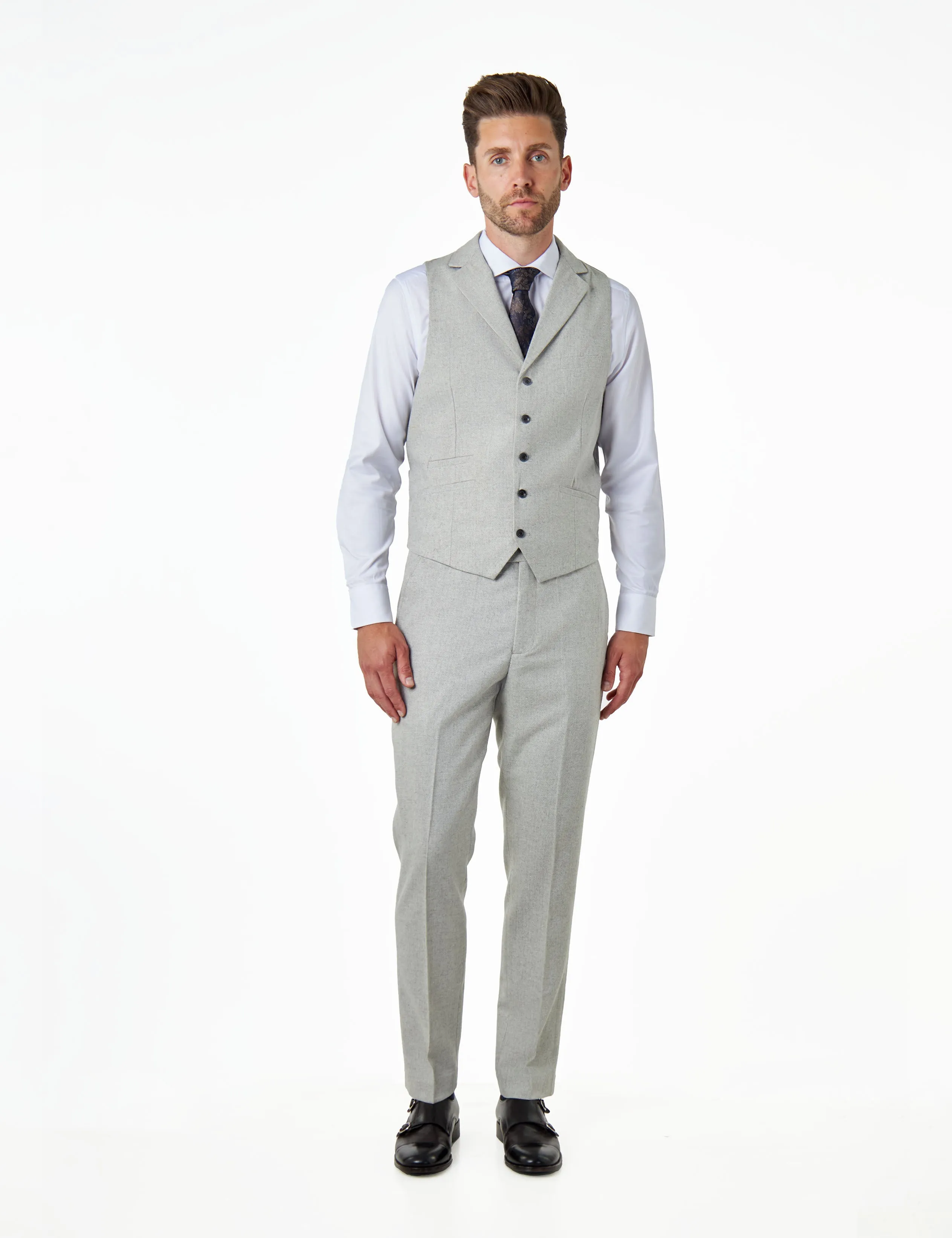 CALIX – Herringbone Tweed Tailored 3 Piece Suit in Grey