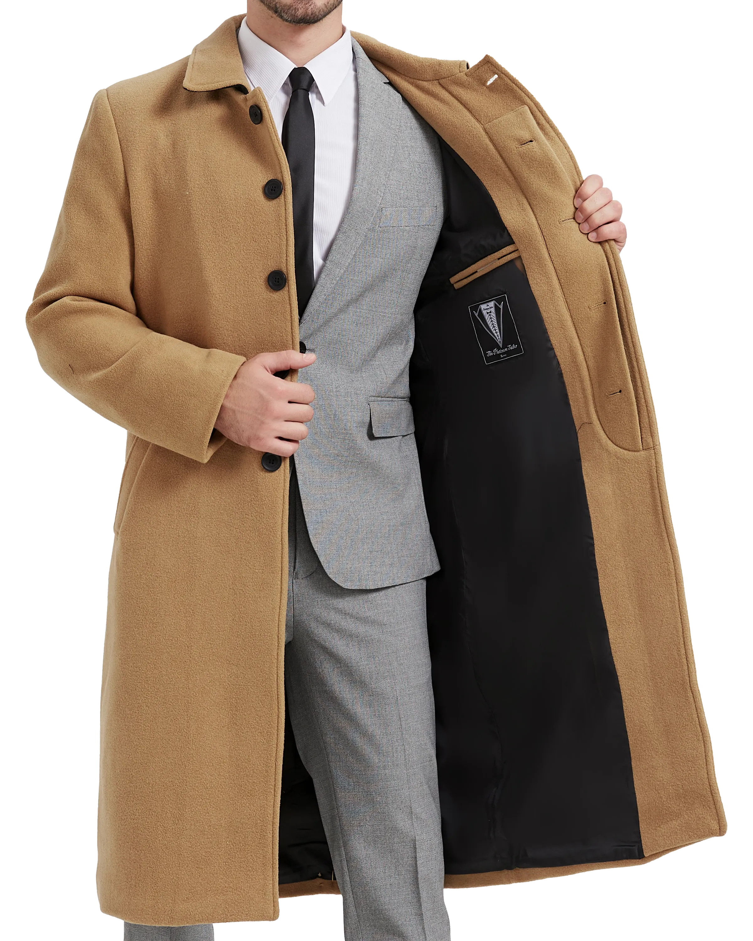 Camel Long Wool Cashmere Overcoat Hidden Buttons