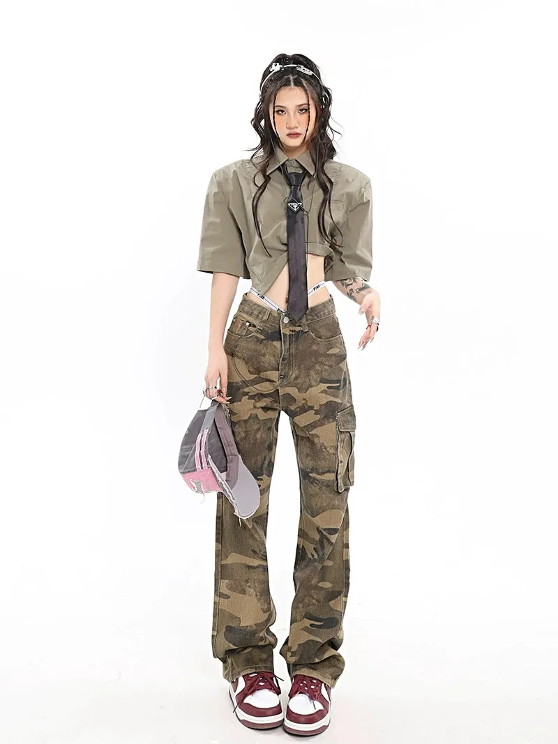 Camo Cargo Pants with Fold-Over Waistband Detail