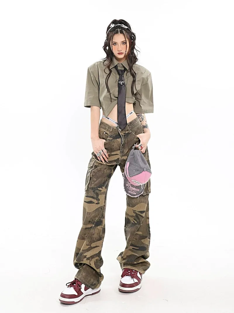 Camo Cargo Pants with Fold-Over Waistband Detail