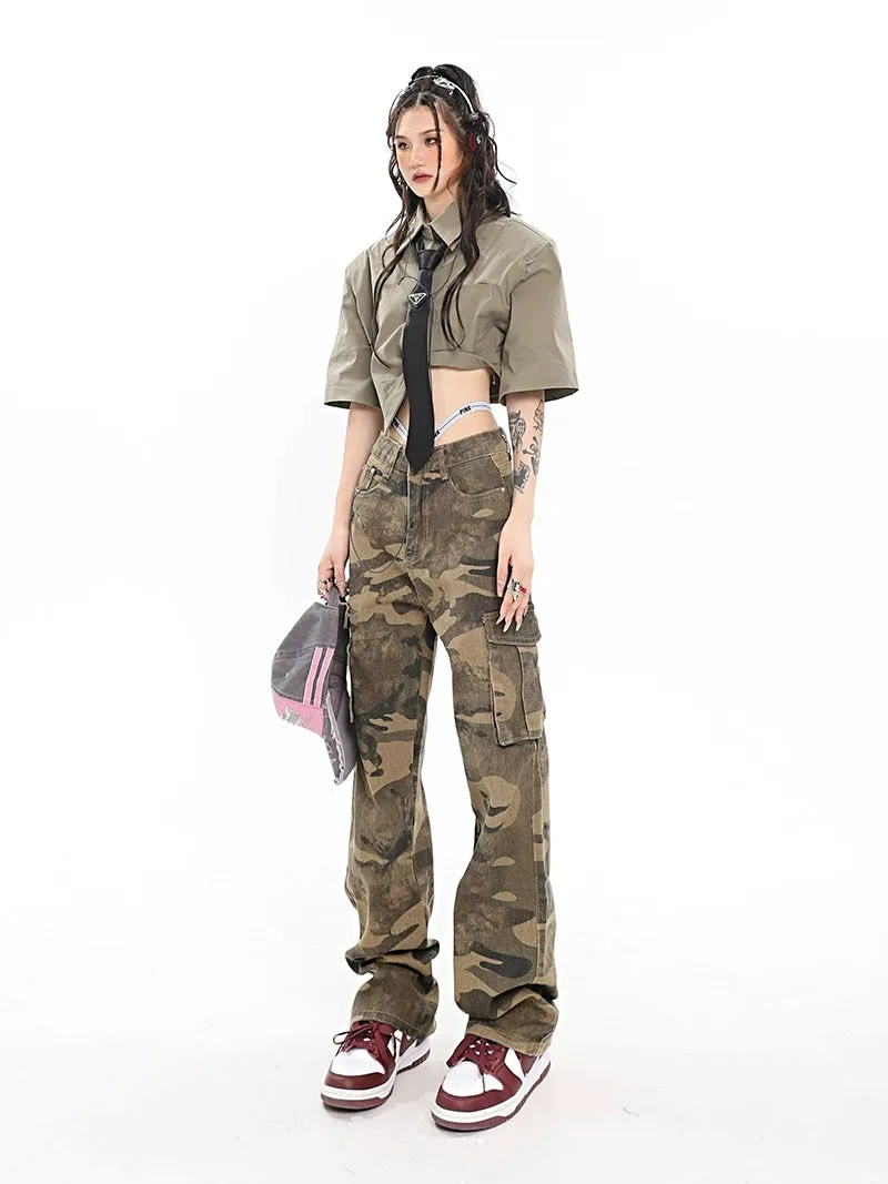 Camo Cargo Pants with Fold-Over Waistband Detail