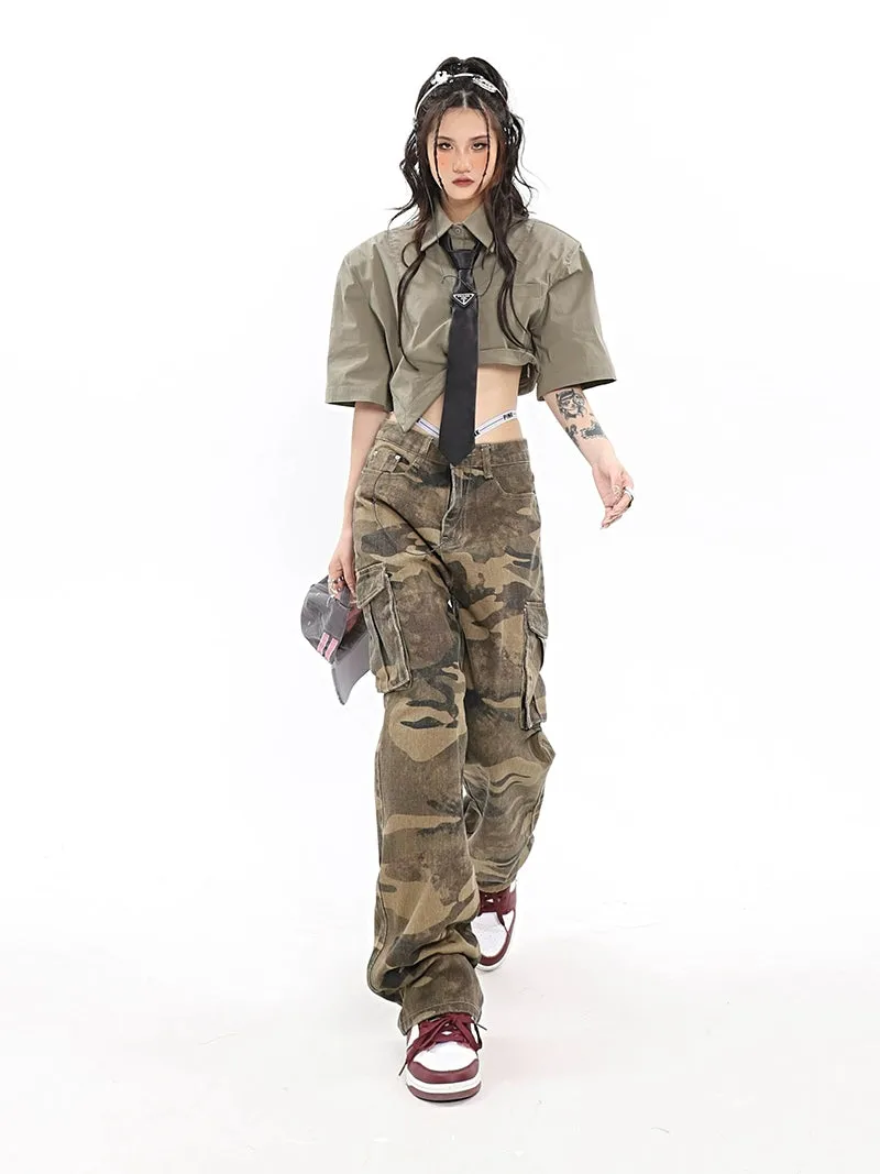 Camo Cargo Pants with Fold-Over Waistband Detail