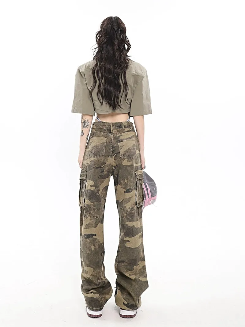 Camo Cargo Pants with Fold-Over Waistband Detail