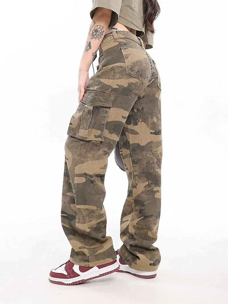 Camo Cargo Pants with Fold-Over Waistband Detail