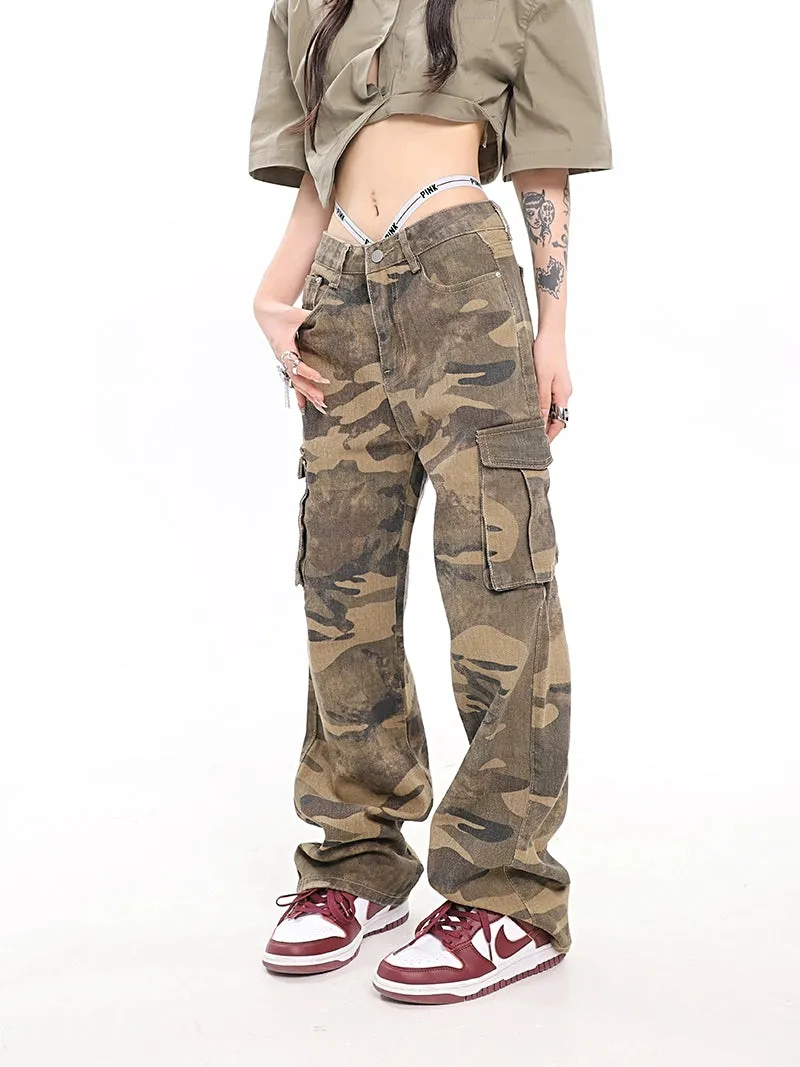 Camo Cargo Pants with Fold-Over Waistband Detail