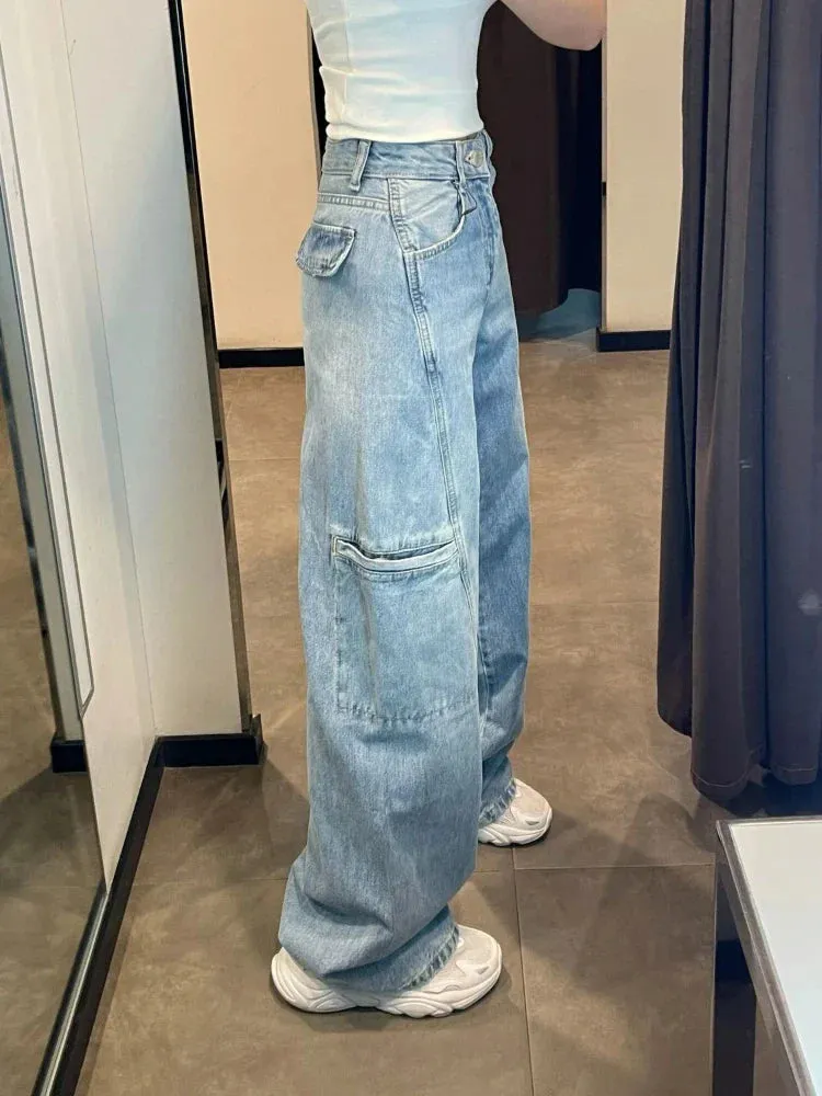 Cargo Jeans Women Fashion Blue Wide Leg High Waist Denim Pants